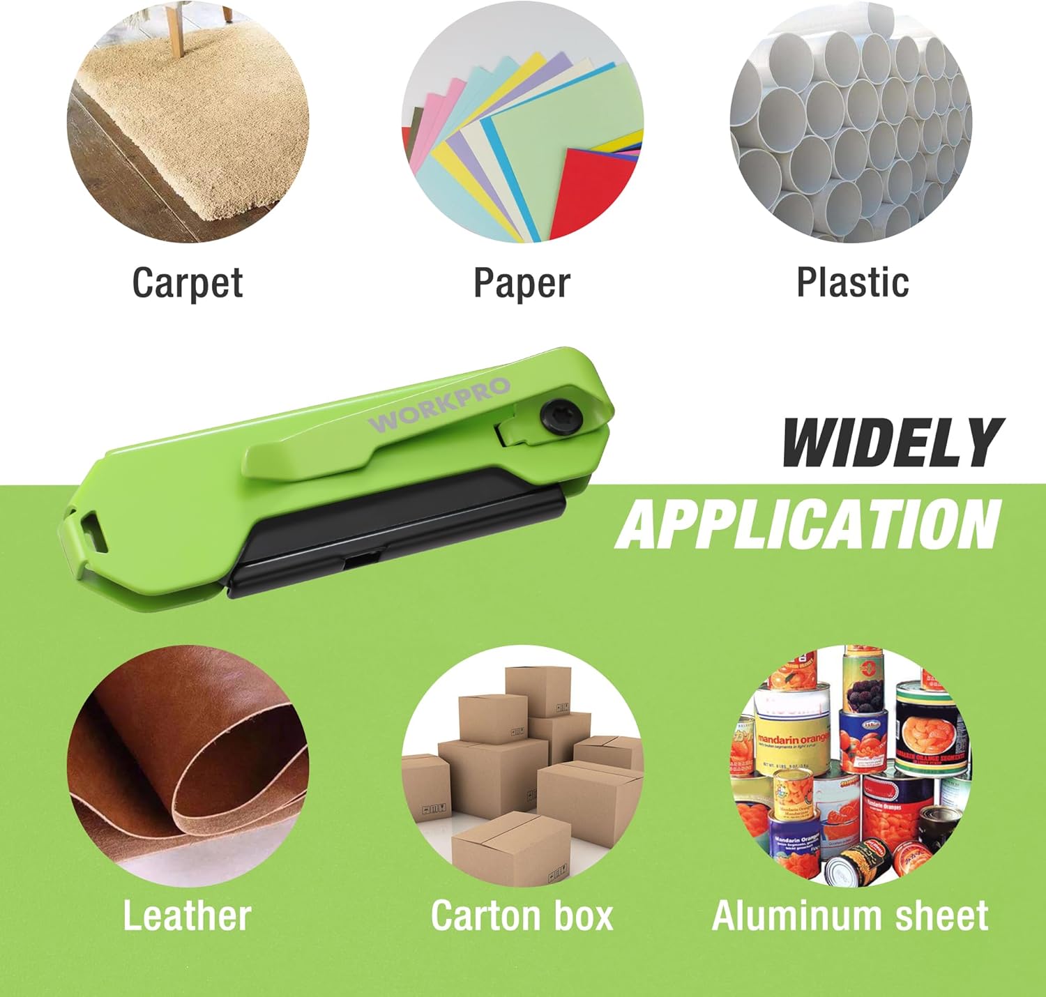 Green folding utility knife with SK5 blade shown for cutting paper, carpet, plastic
