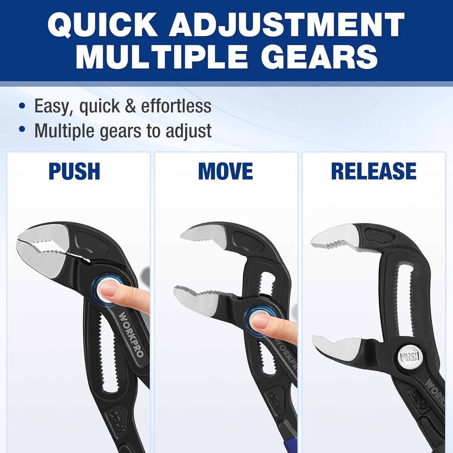 Adjustable water pump pliers with multiple gears, blue handle, push-lock control