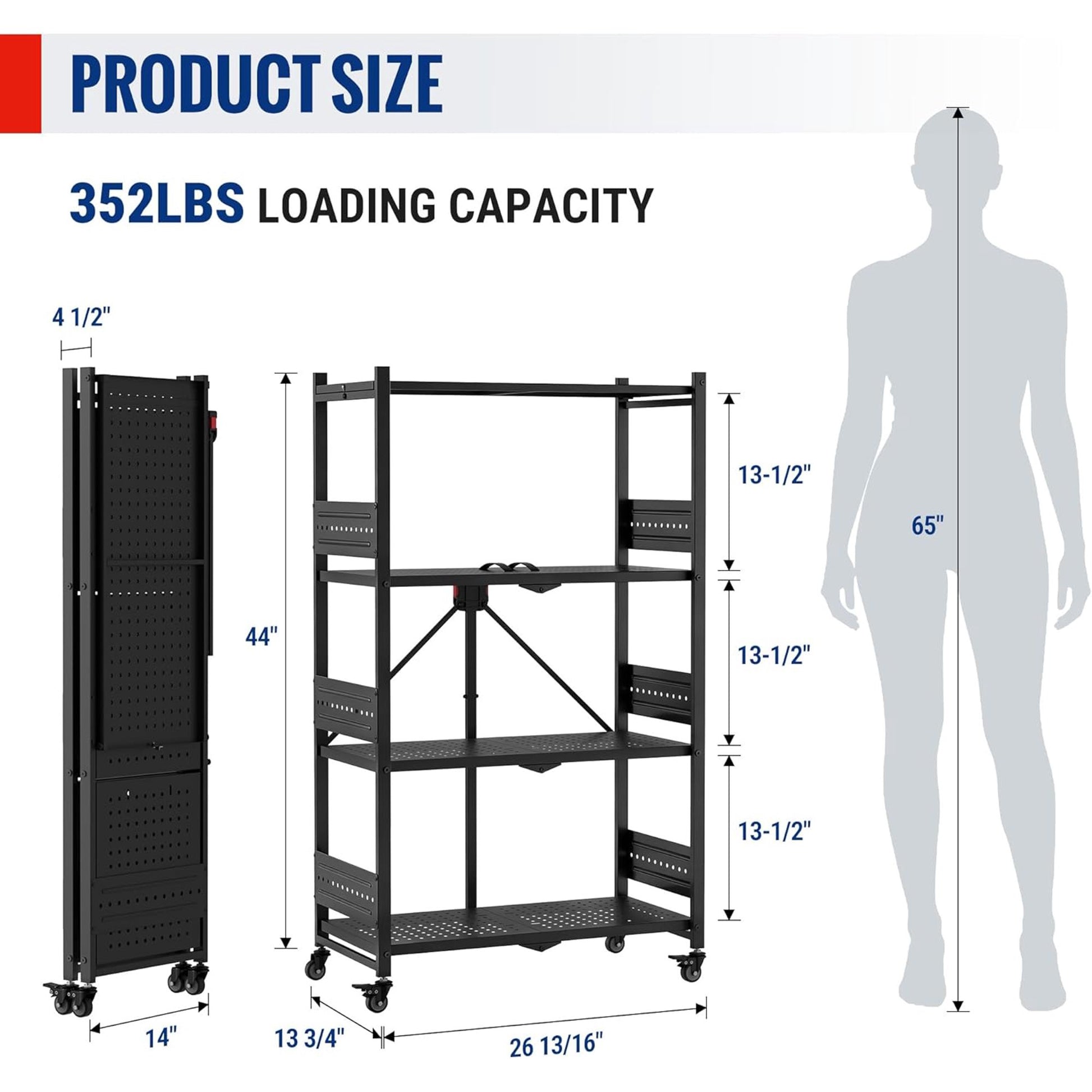 Black 4-tier folding storage rack with wheels, shown with size diagram overlay