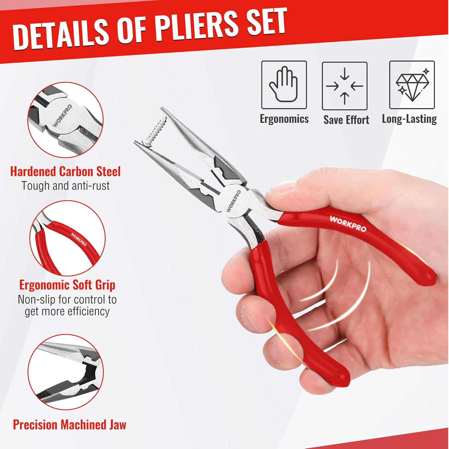 Red-handled pliers with hardened steel jaws and ergonomic soft grip