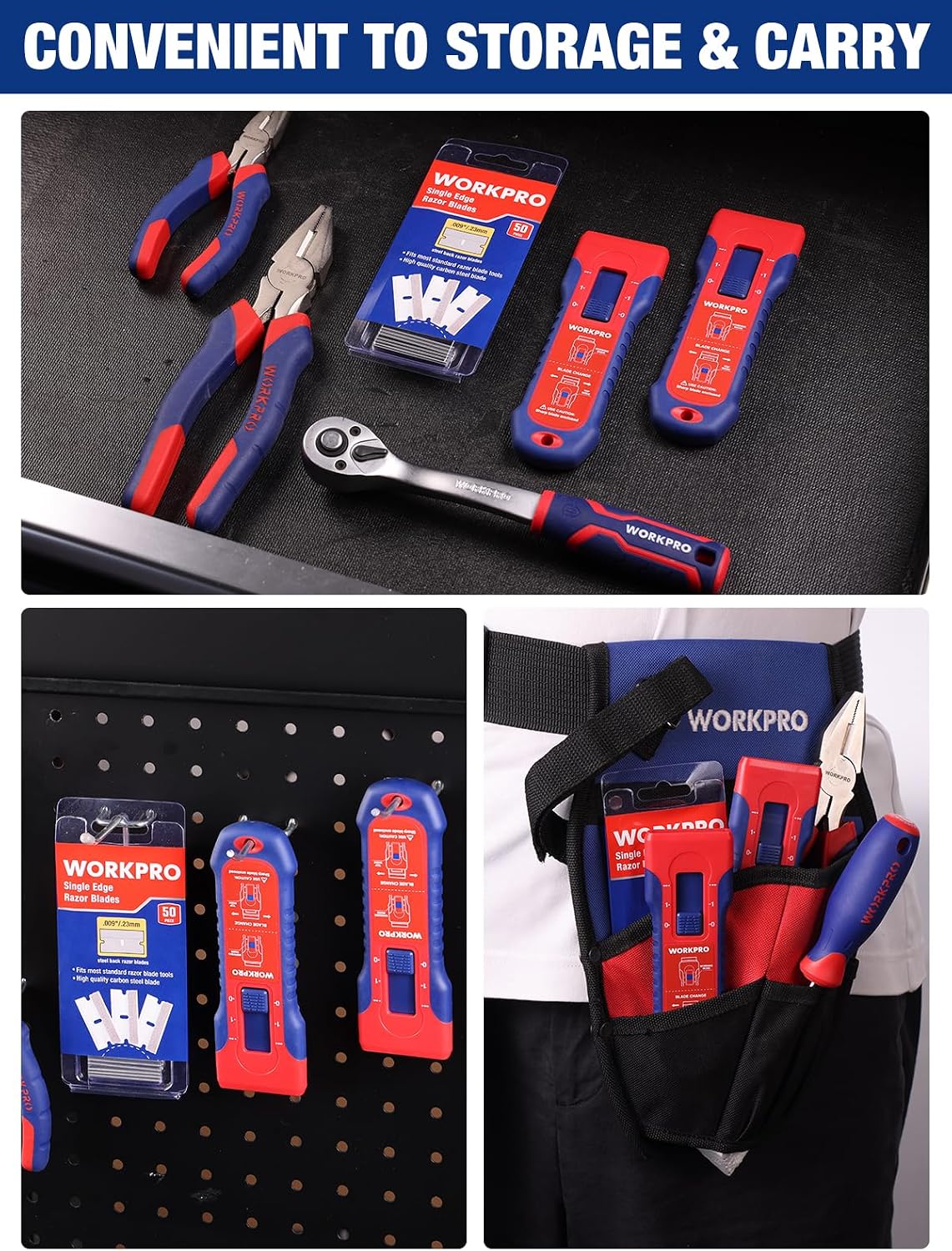 Razor blade scraper set with red and blue handles plus replacement blade cartridges