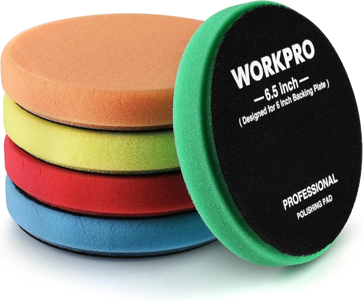 Assorted circular polishing sponge pads layered together with a green top pad label.