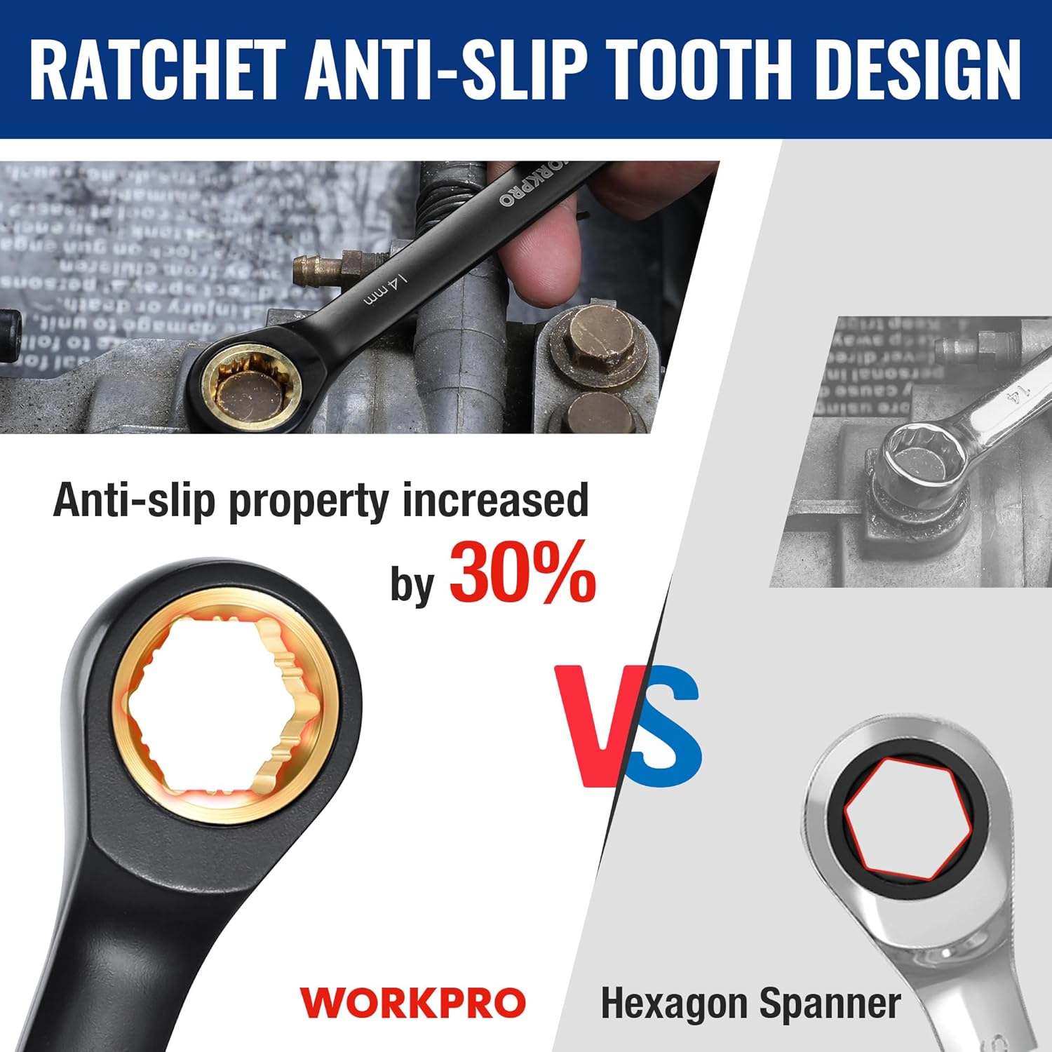WORKPRO black anti-slip ratcheting combination wrench head with hex bolt engagement