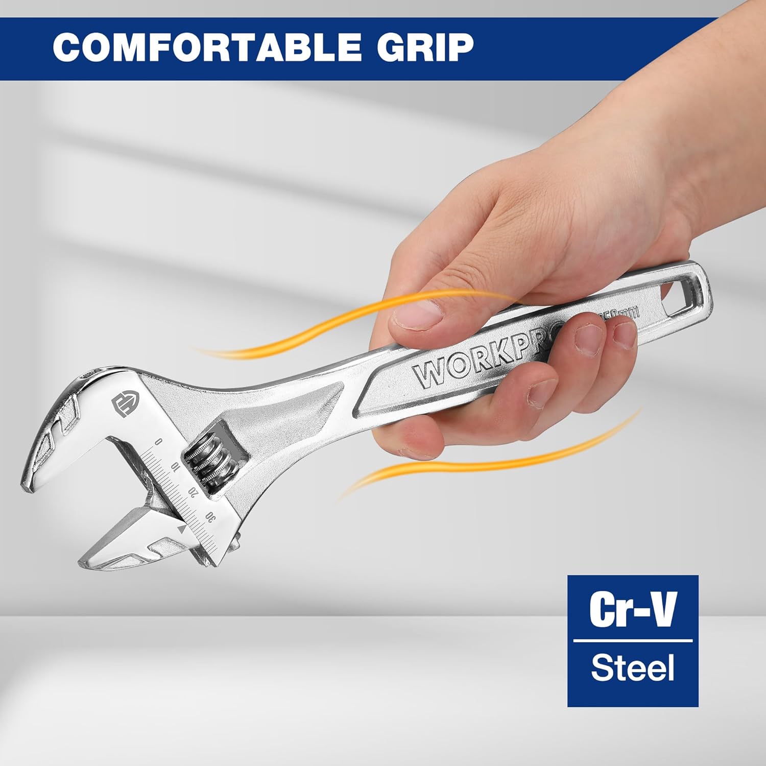 10-inch chrome adjustable wrench with inch/metric scale on the jaw