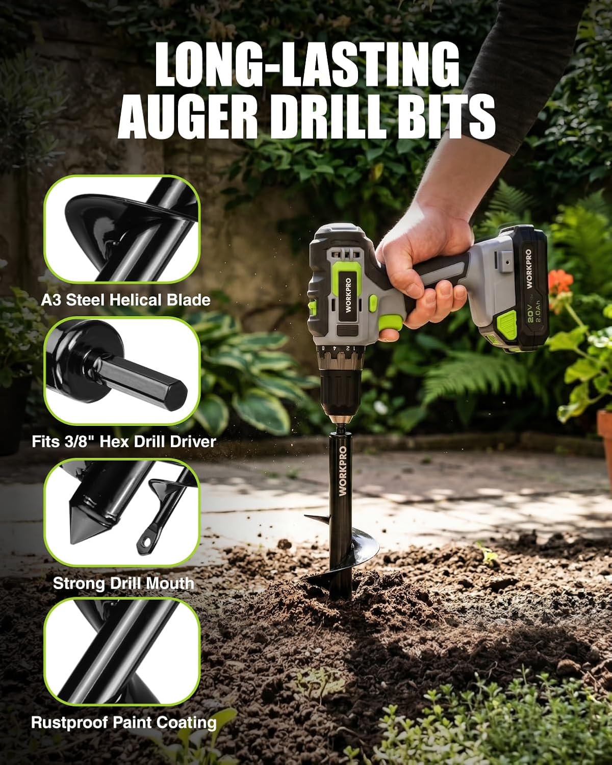 Long-lasting black helical auger drill bit with steel spiral blade and hex shank