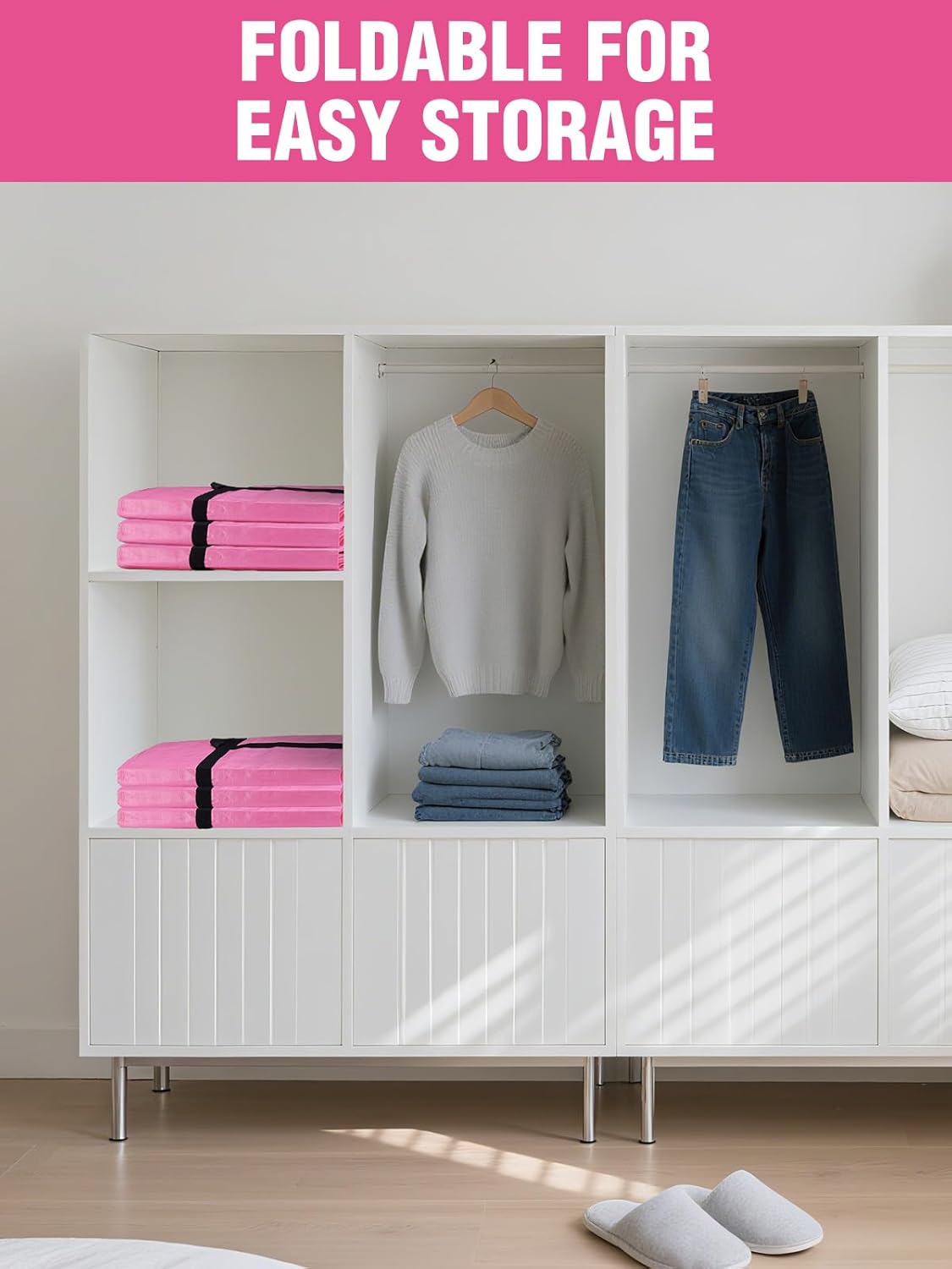 Pink foldable moving bag set shown open with divider storage space and hanging handles.