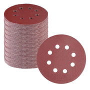 Red hook-and-loop sanding disc pack with 8 dust holes, stacked and loose disc.