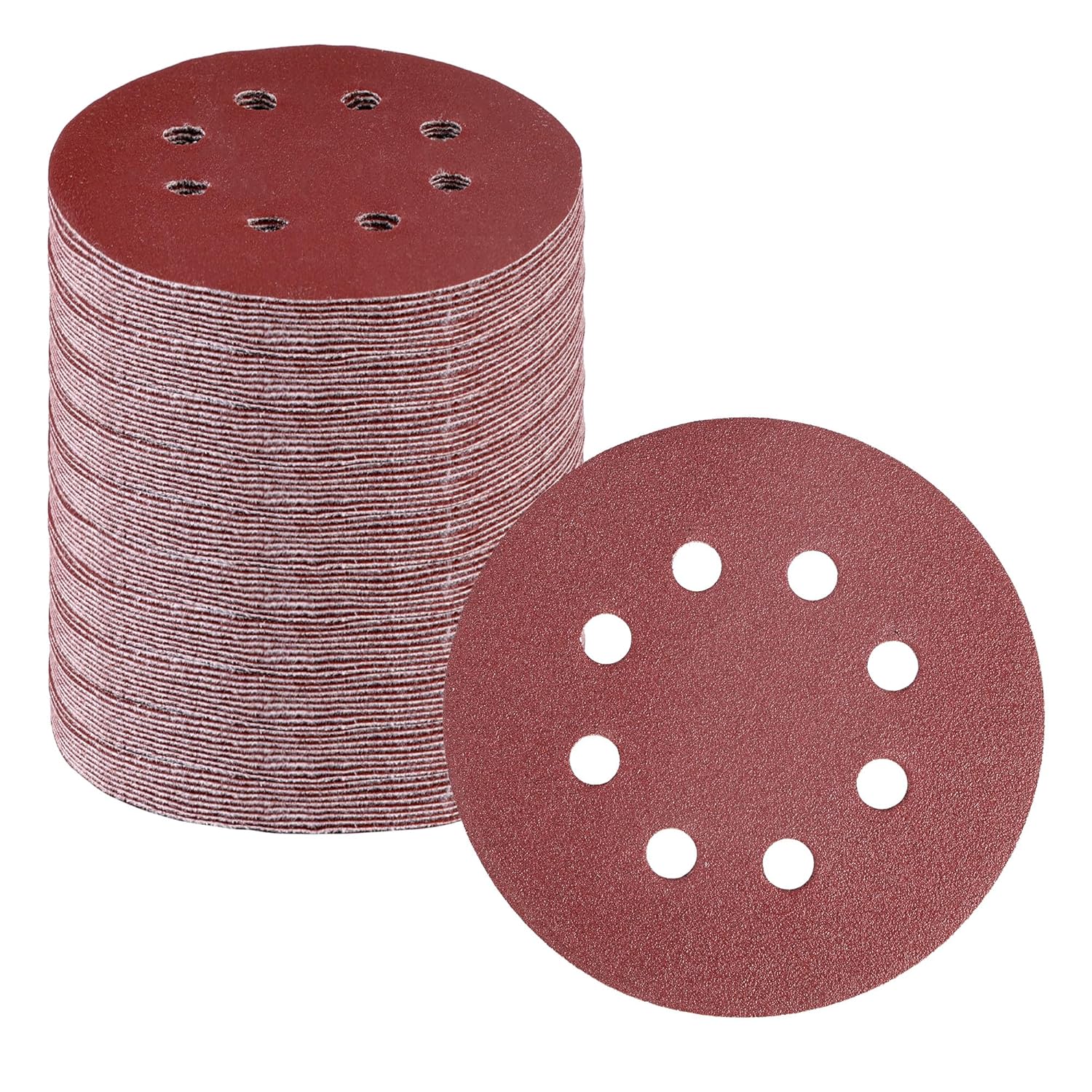 Red hook-and-loop sanding disc pack with 8 dust holes, stacked and loose disc.
