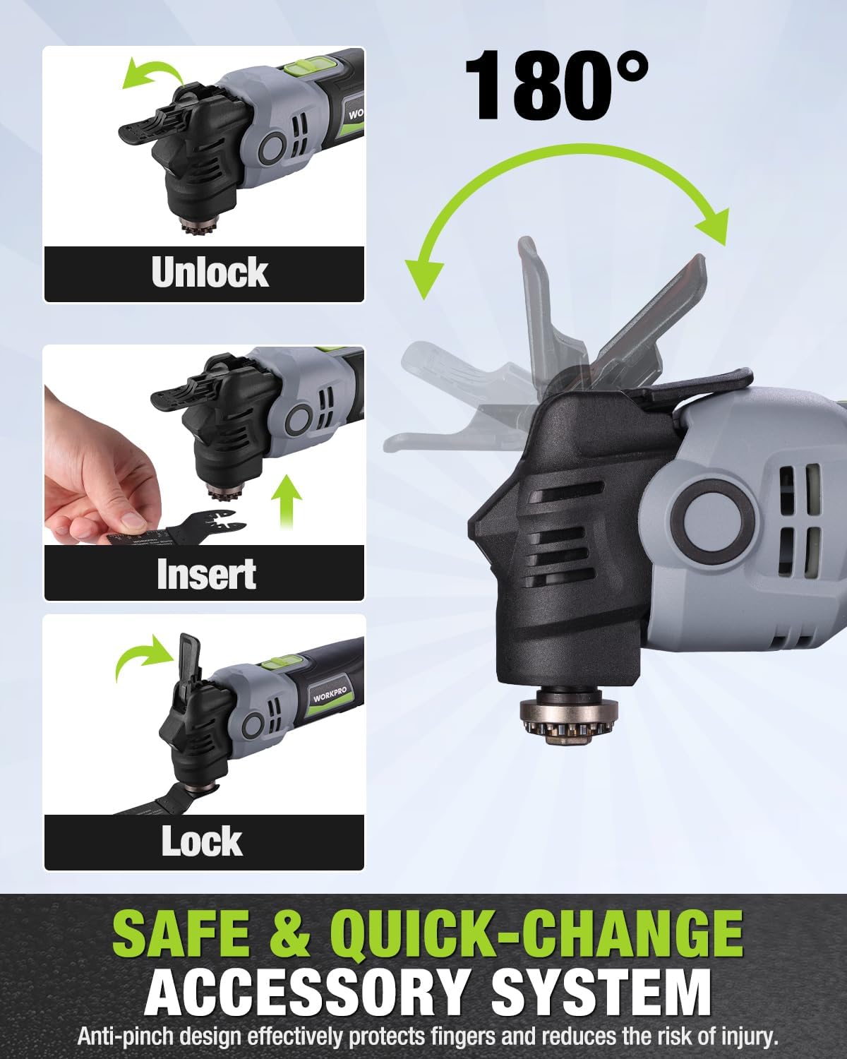 WORKPRO quick-change oscillating tool head with 180° lock and unlock inserts