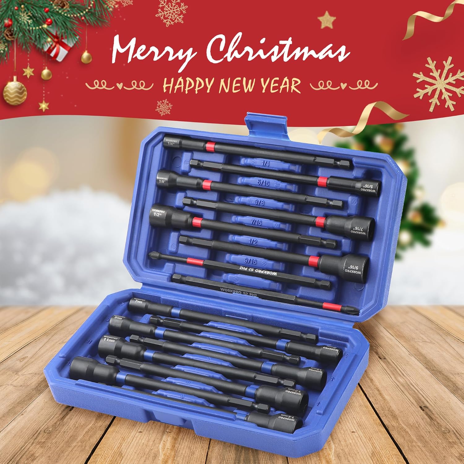 WORKPRO magnetic nut driver set in blue case, long nut drivers with red accents