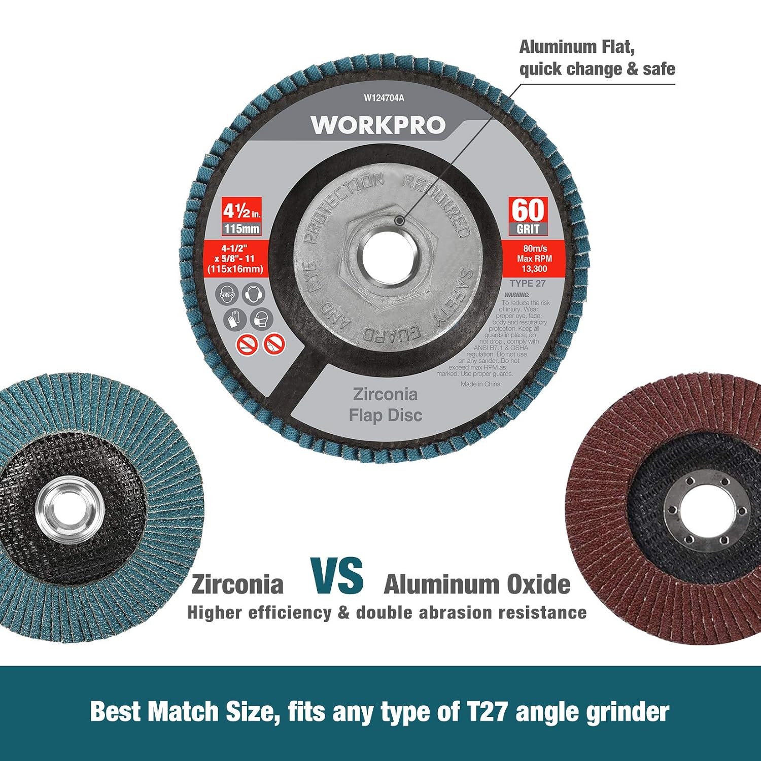 WORKPRO 5 Pack Zirconia Flap Disc, 60 Grit, Angle Grinder Sanding Disc, 4-1/2 inch Grinding Wheels, Flap Wheel Type#27 for Metal Grinding, Blending and Smooth Finishing