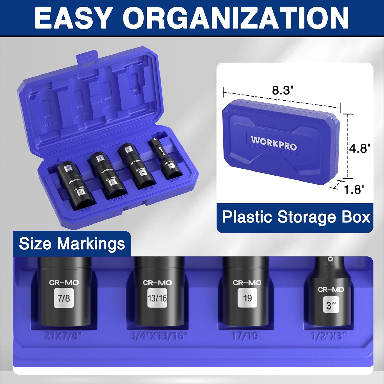 WORKPRO socket set in blue plastic storage box with size-marked flip sockets
