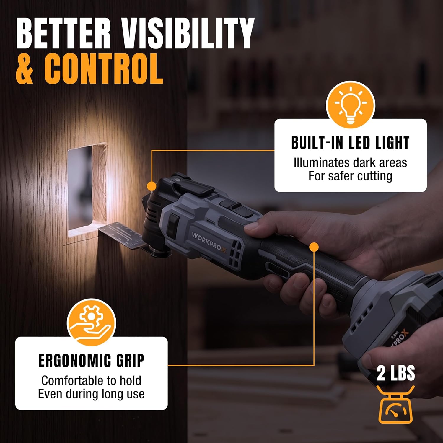 Cordless oscillating multi-tool with built-in LED light illuminating the work area
