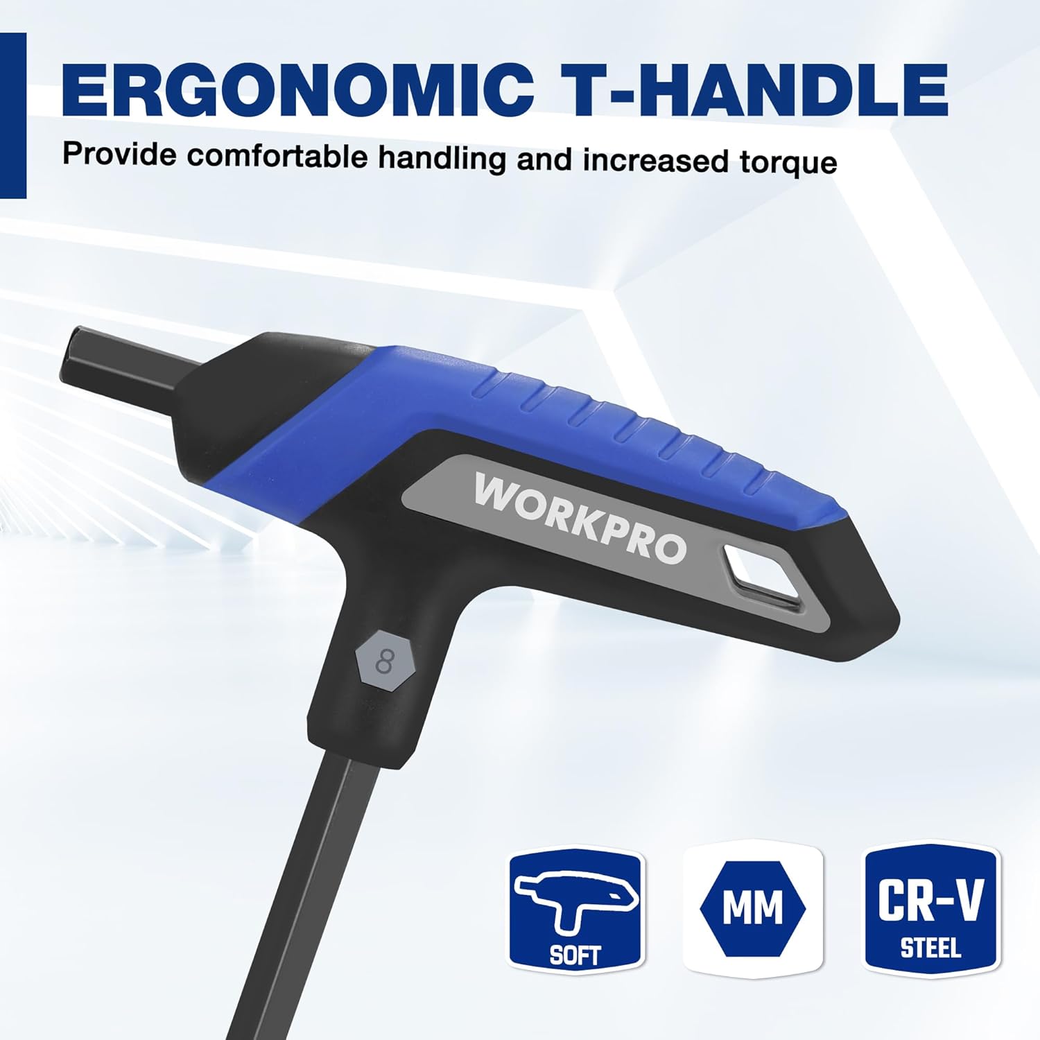 Ergonomic T-handle hex wrench with blue grip, soft touch label, and stamped size