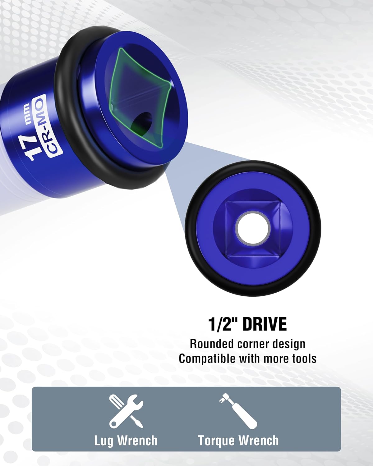 1/2-inch drive lug nut socket with rounded corner design and blue magnetic insert