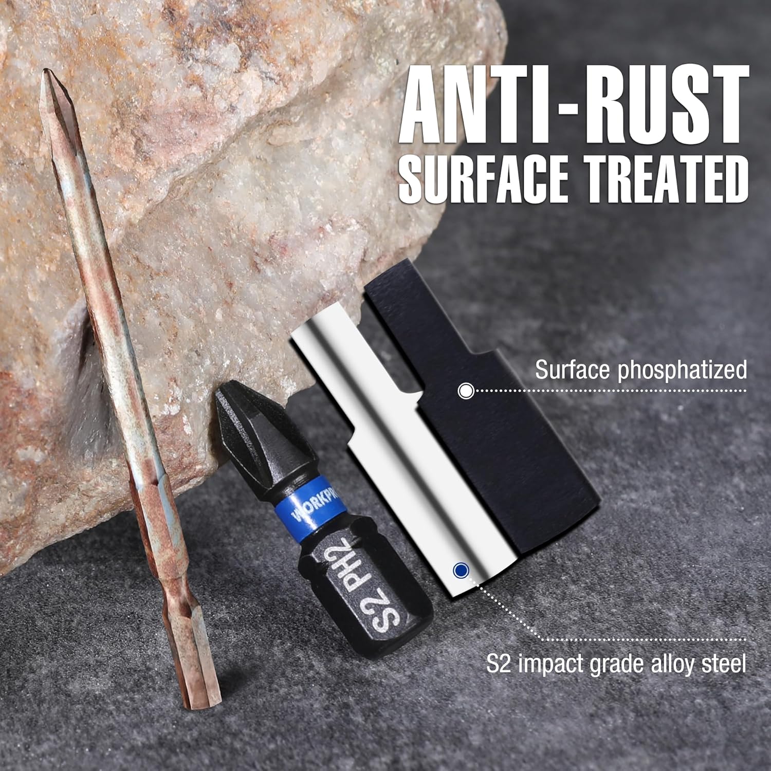 Anti-rust treated PH2 S2 impact-grade alloy steel bit with black finish