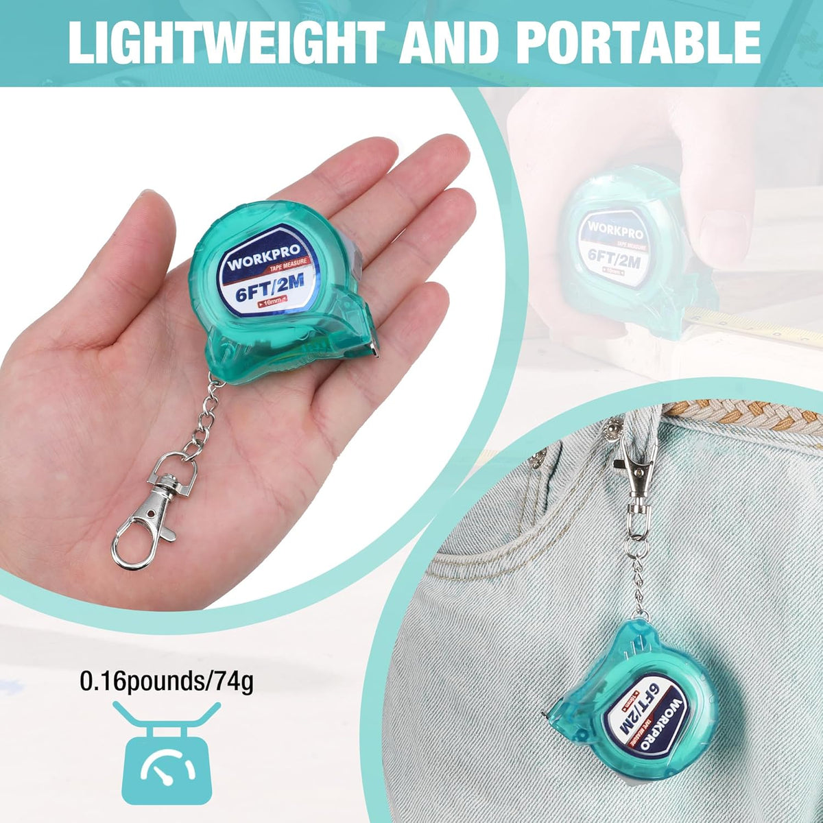 Green lightweight keychain tape measure held in a hand with retractable blade and chain