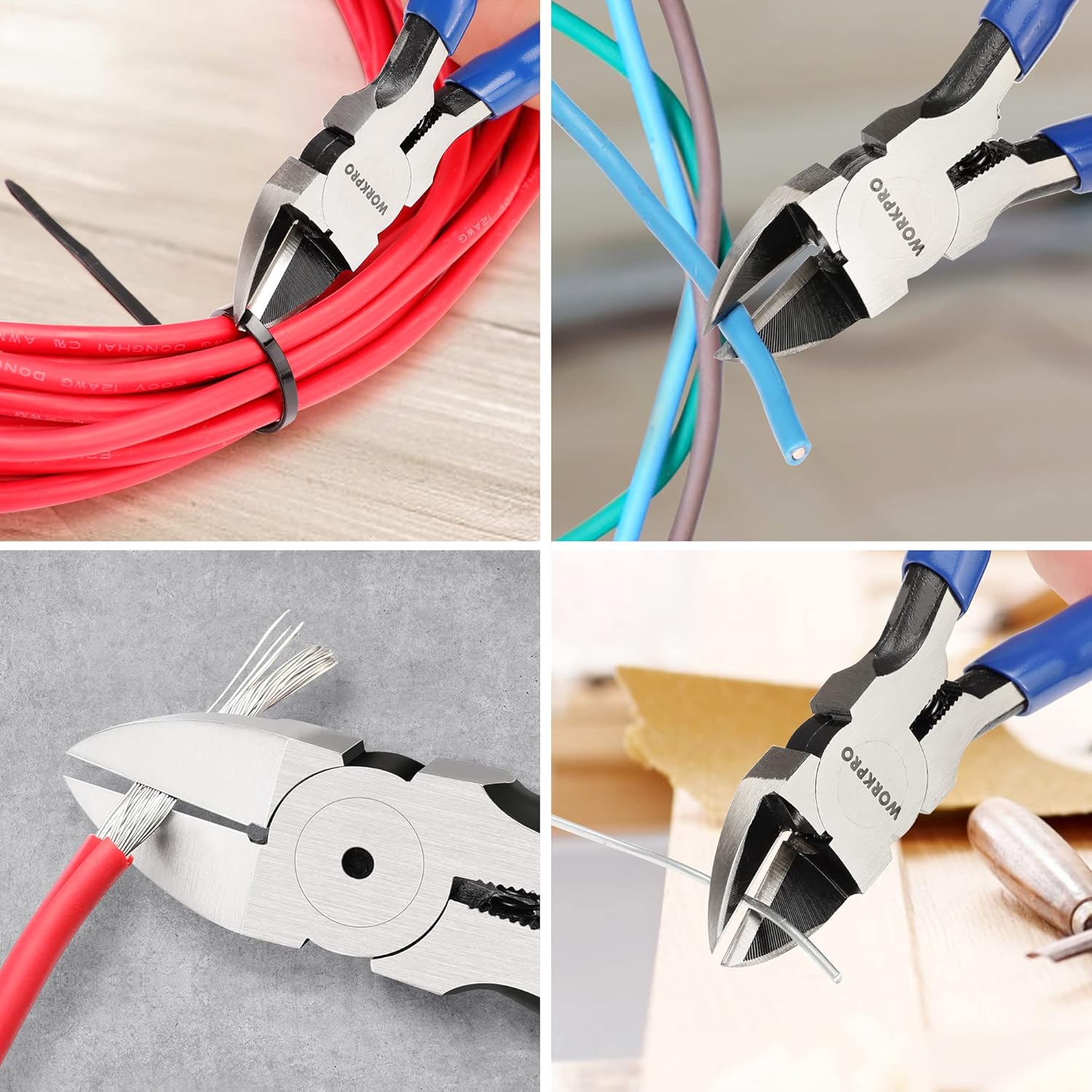 WORKPRO side cutting pliers with blue handles, close-up on jaws and spring