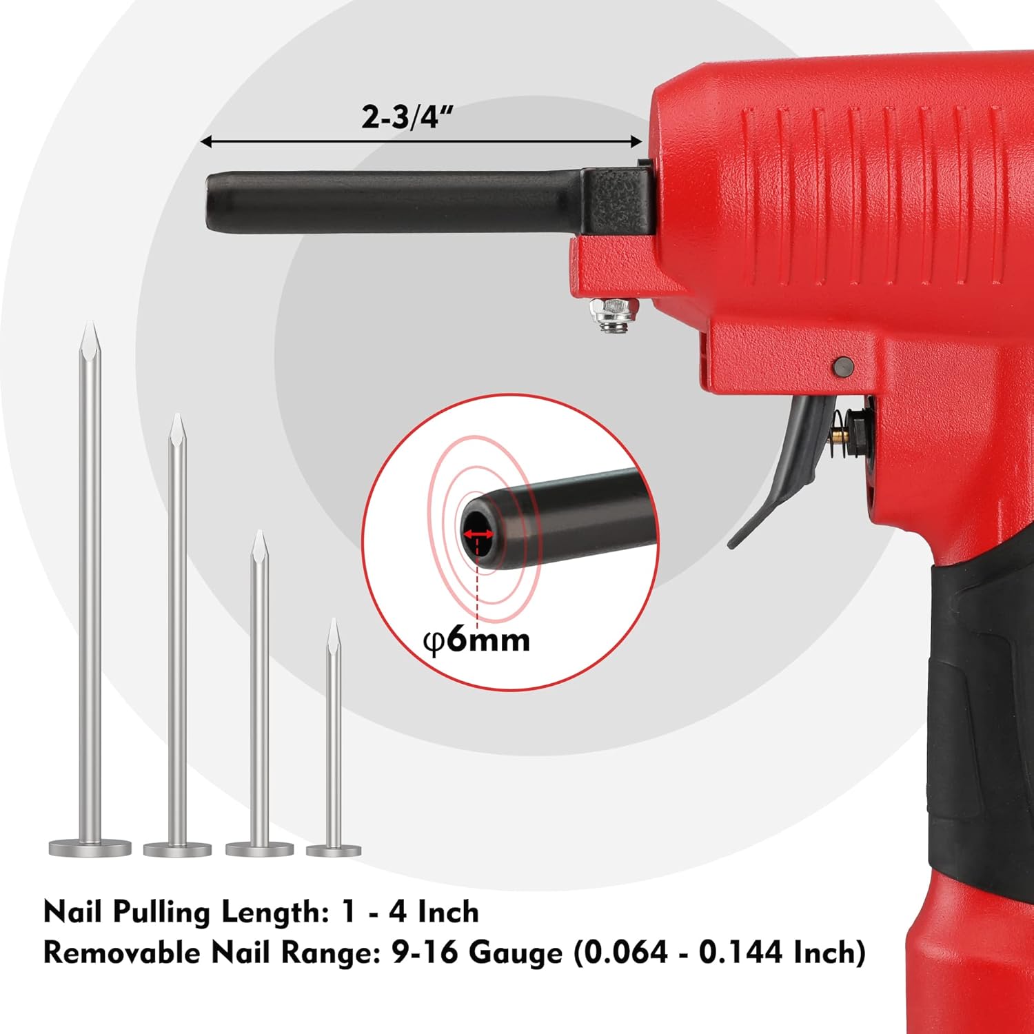 Pneumatic nail remover with extended barrel and guide tip, red housing and black handle