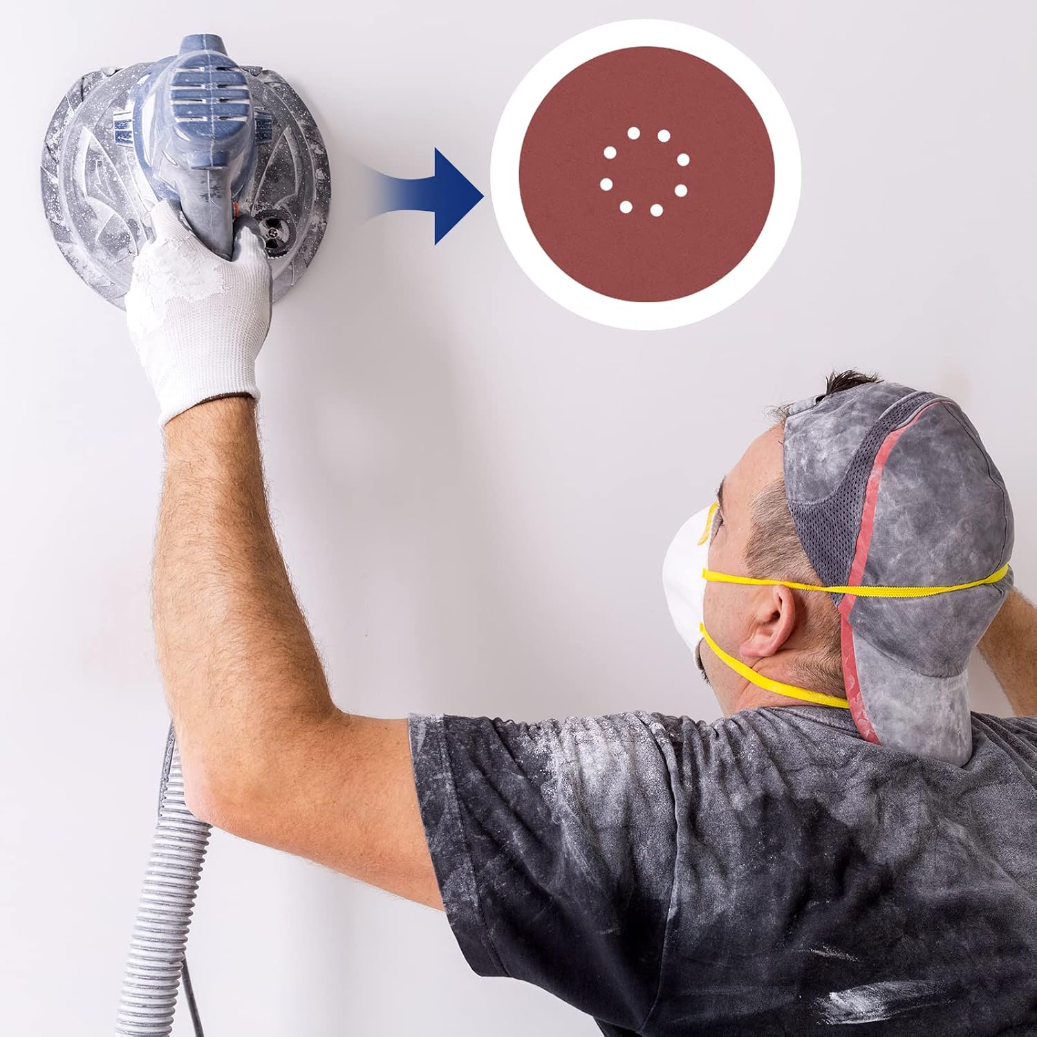 Vacuum wall sanding using a circular hook-and-loop sanding pad with 8 holes