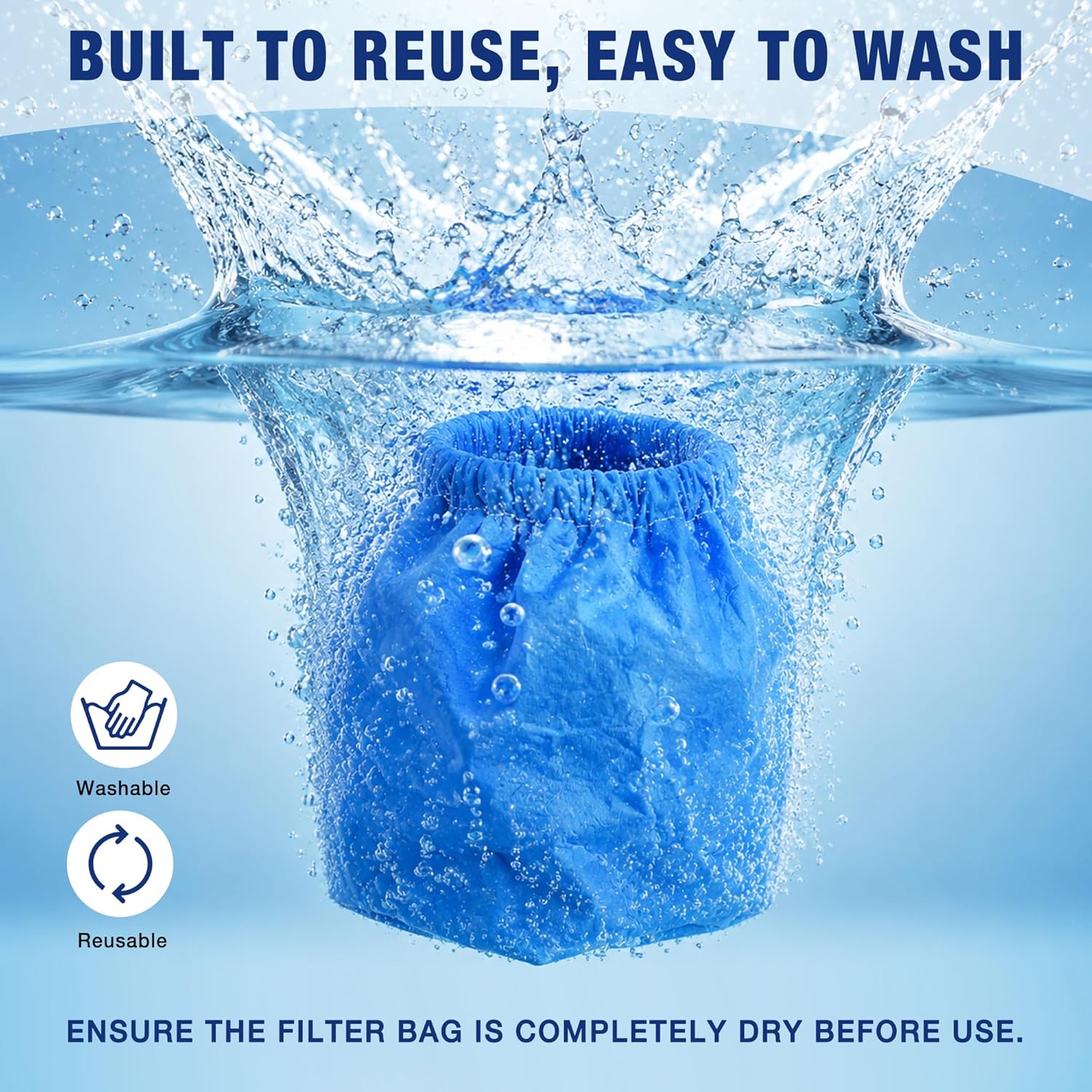 Blue non-woven filter bag with elastic band, washable reuse design