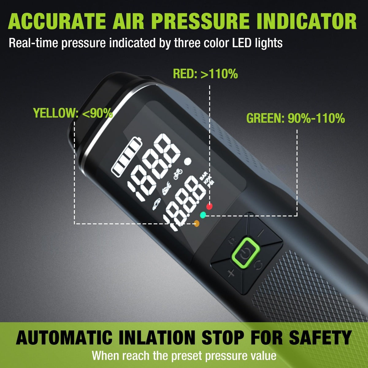 Portable tire inflator air compressor close-up showing LED pressure indicator and screen