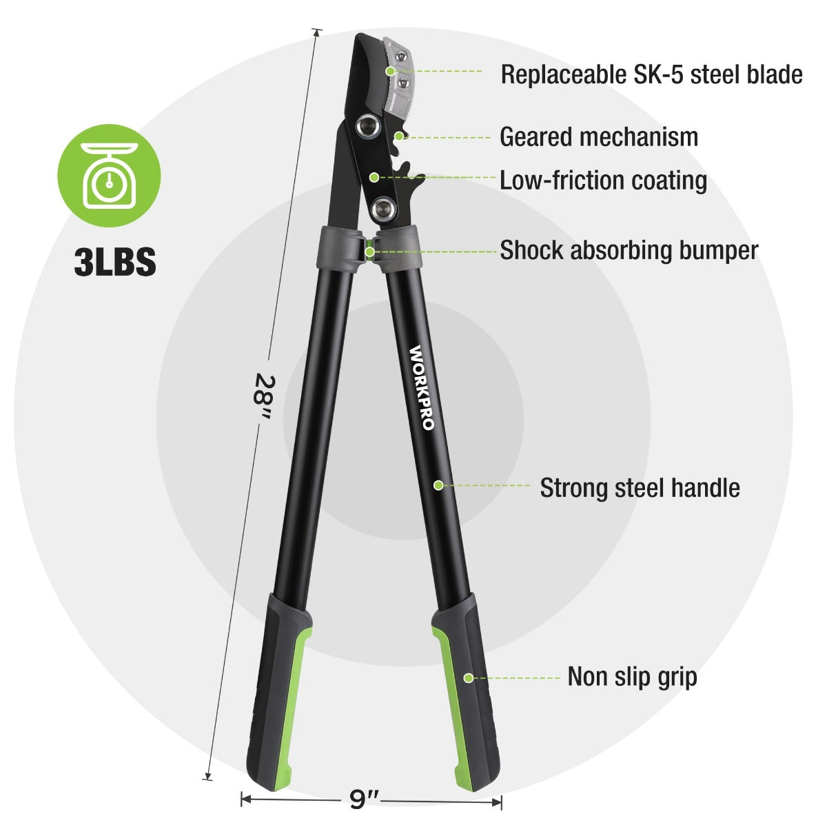 WORKPRO 28-inch anvil tree lopper with non-slip green grips and steel handle