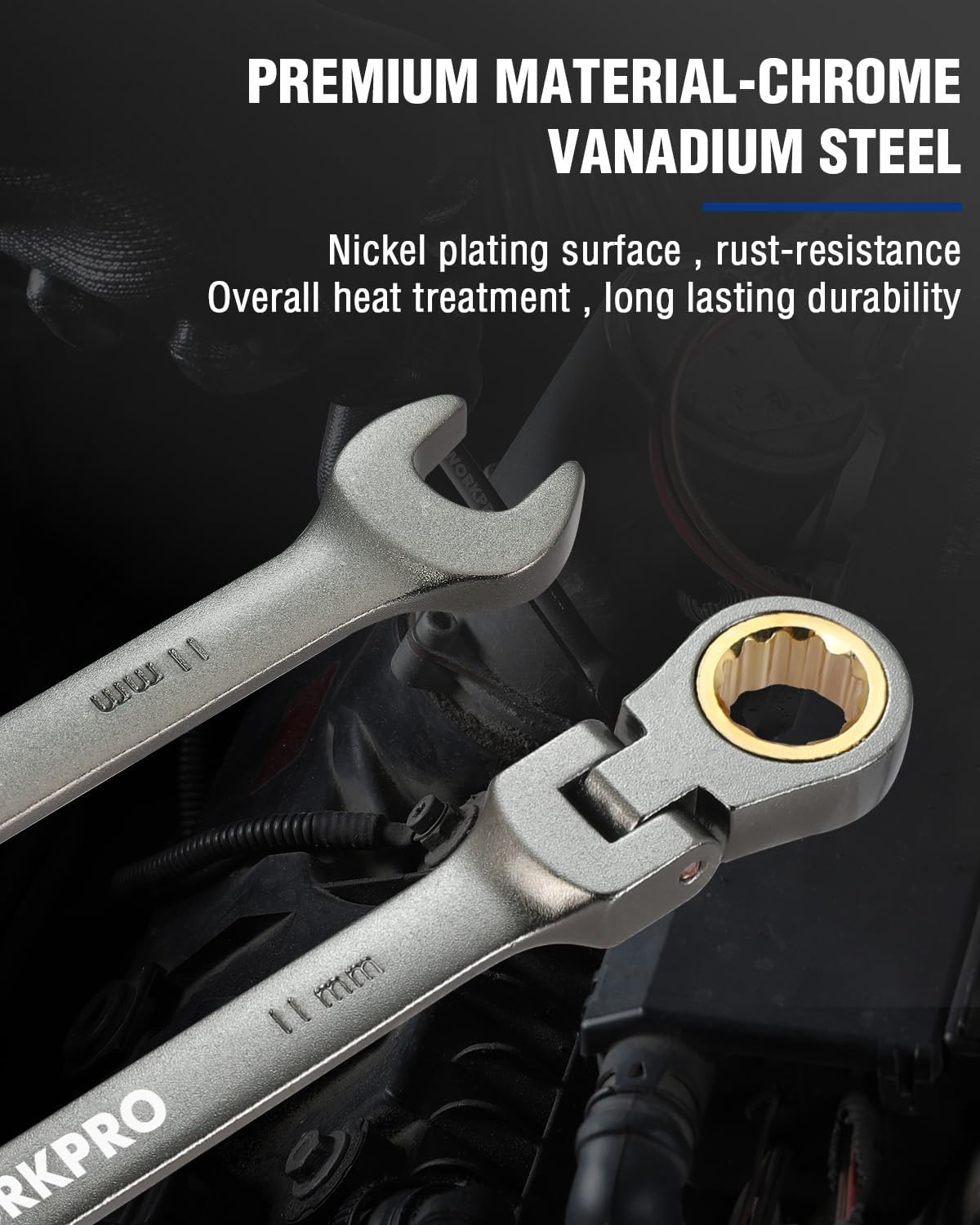 11 mm flex-head ratcheting combination wrench with gold-toned 12-point ratchet socket