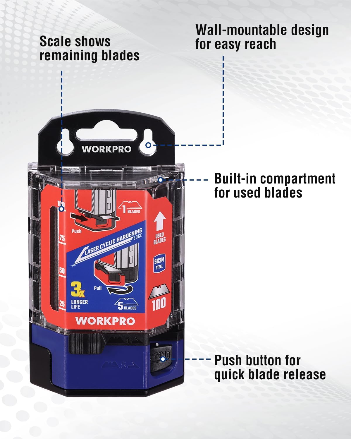 Wall-mount utility knife blade dispenser with built-in compartment for used blades