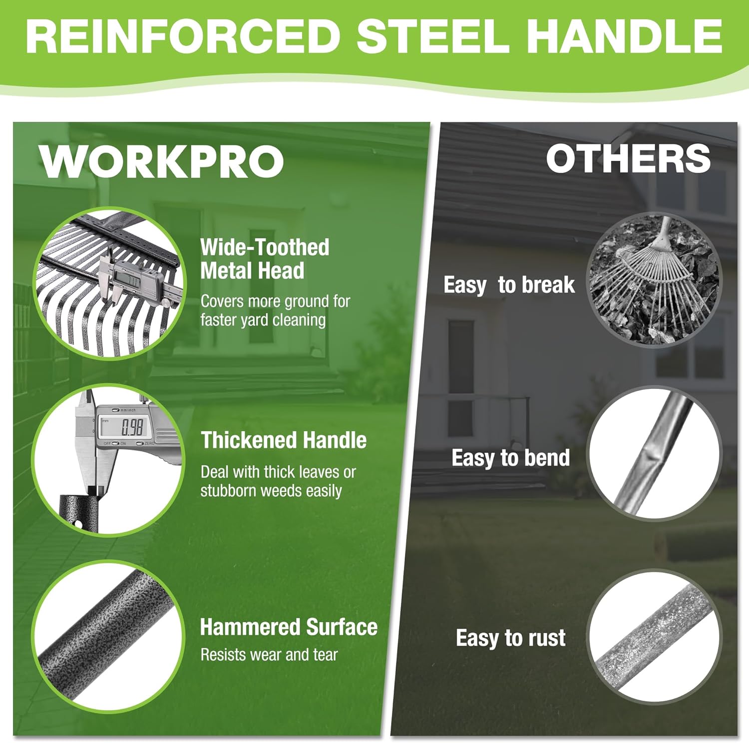Reinforced steel handle leaf rake with wide-toothed metal head and hammered grip