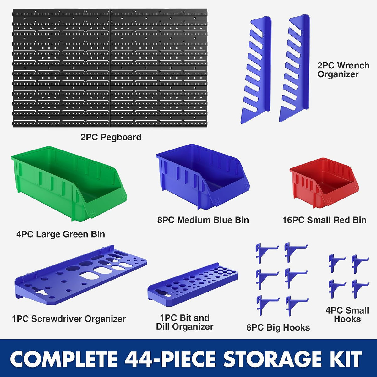 WORKPRO 44PCS Wall Mounted Storage Bins for Garage Storage | Screw organizer for Screws, Nuts, Bolts, Nails, Beads, and Small Hardware Parts, With Wall Panels