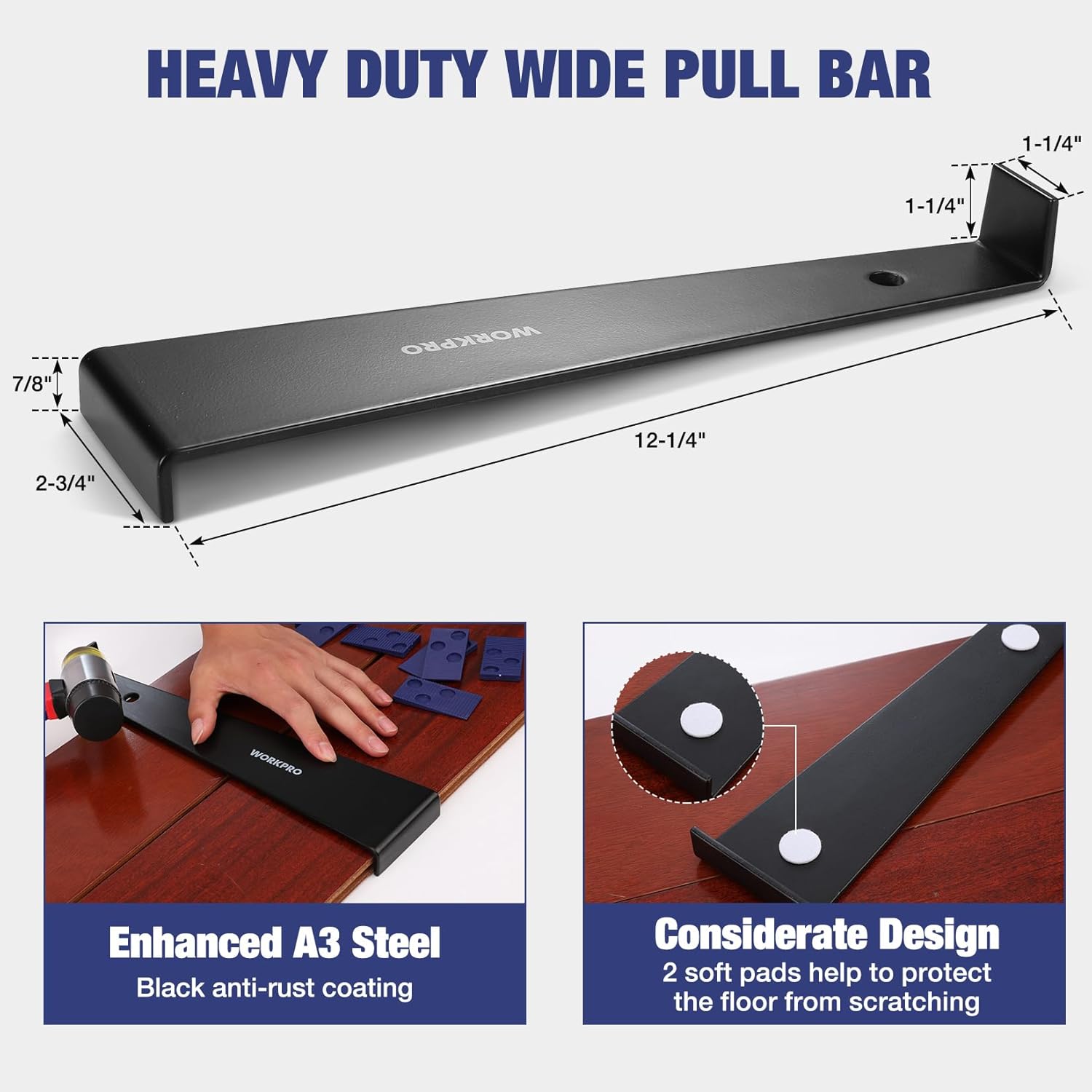 Heavy-duty wide steel pull bar with black anti-rust coating and mounting holes