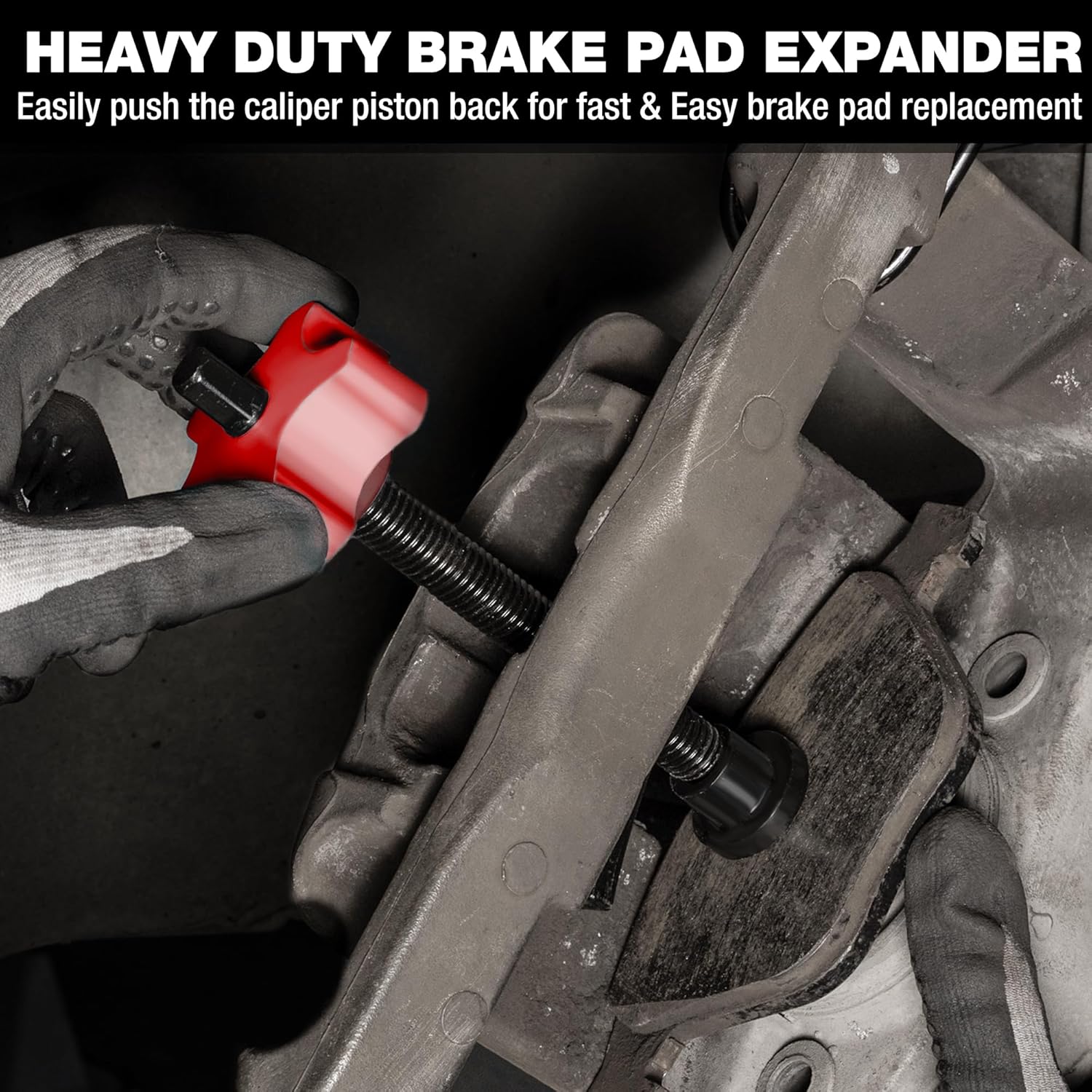 Brake pad compressor tool with red knob and black threaded shaft for caliper piston