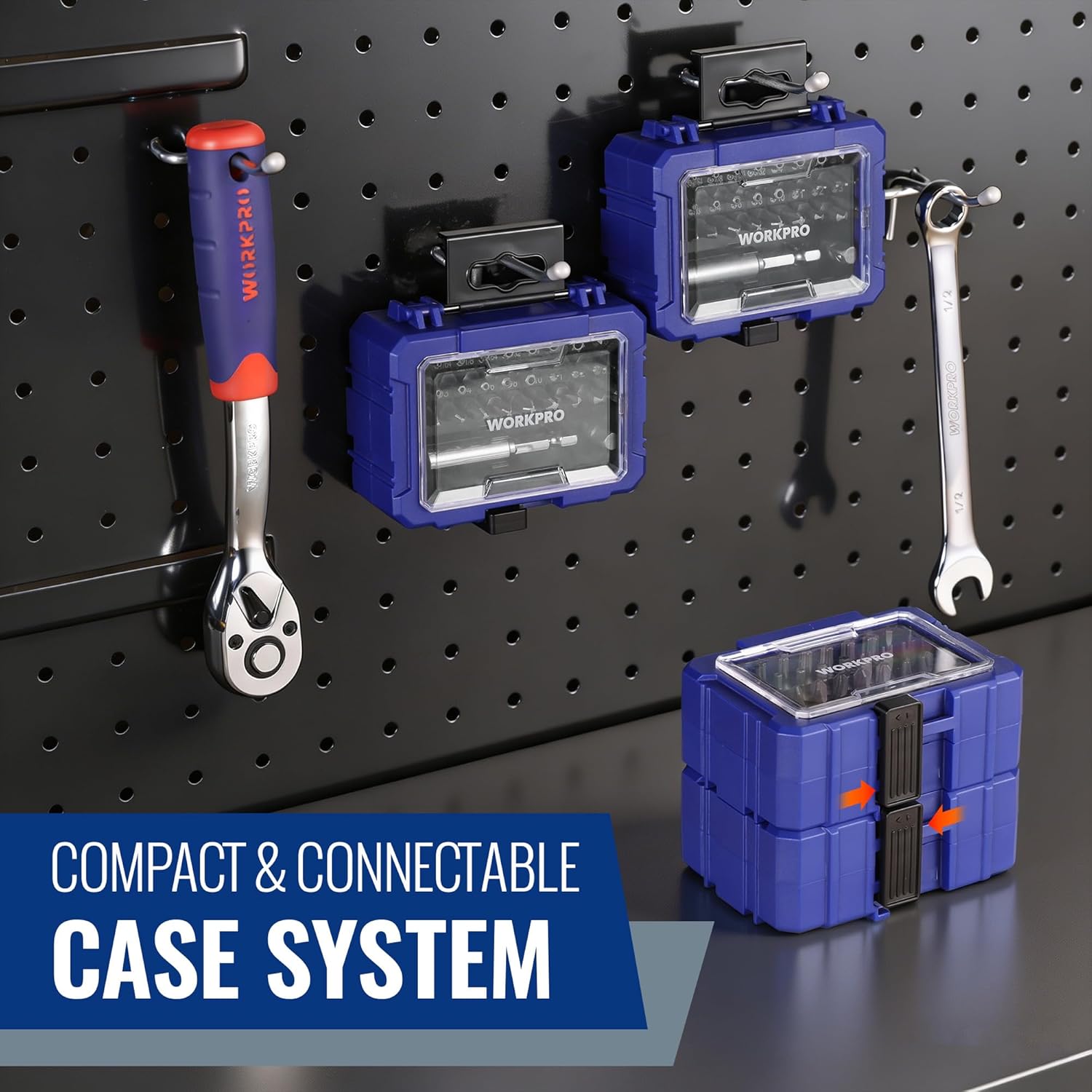 Compact blue tool case system with screwdriver bits and magnetic holder on pegboard