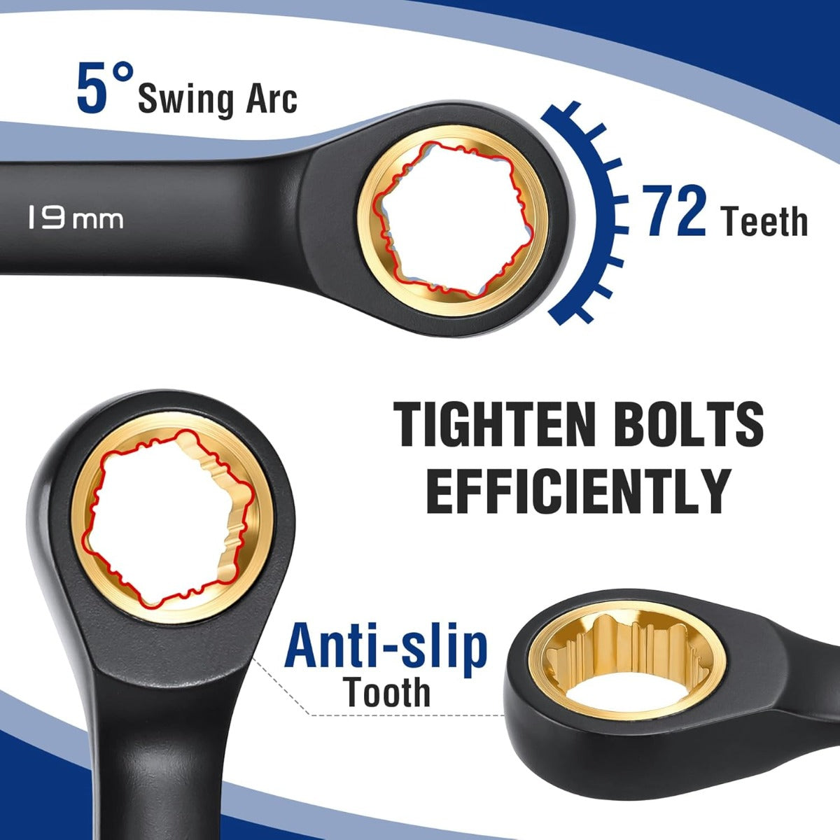 Ratcheting wrench head with anti-slip teeth, 72-tooth gear profile, 5° swing