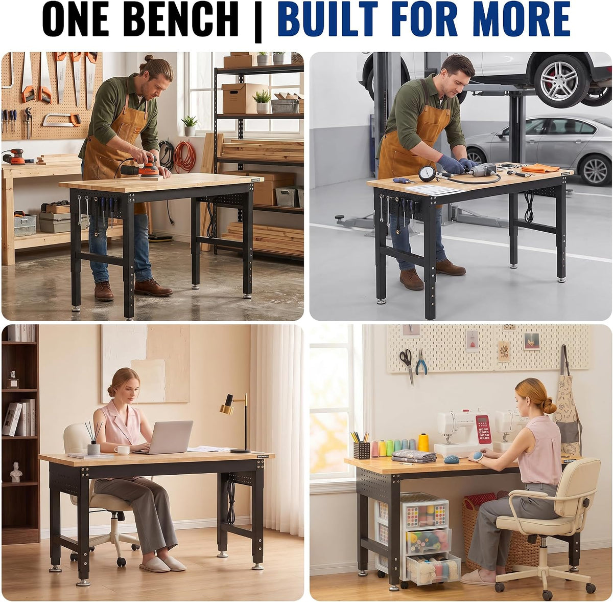 Workpro adjustable garage workbench with black metal framing, shown in four workshop and home office settings.