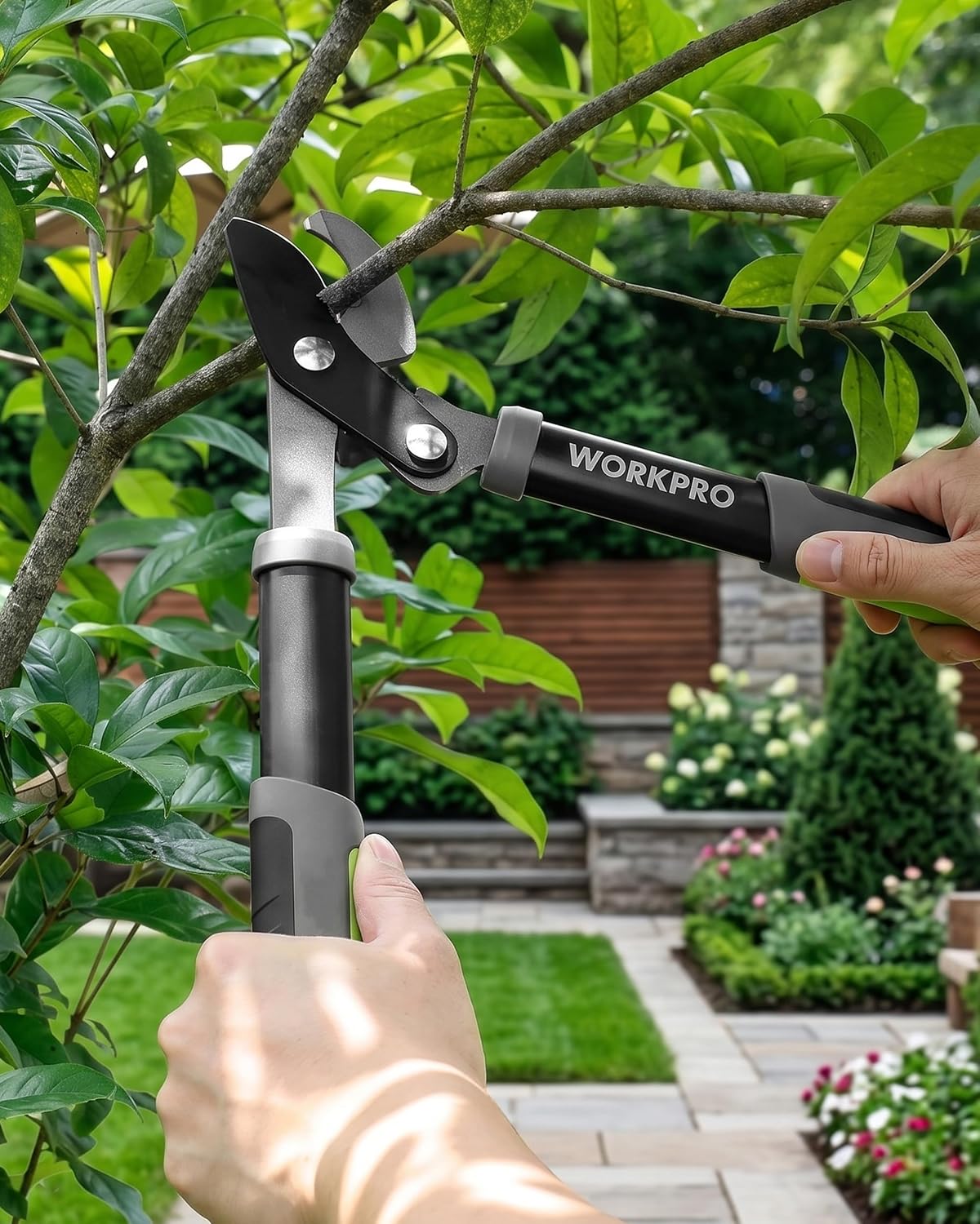 Bypass lopper cutting woody branches outdoors with hand grip