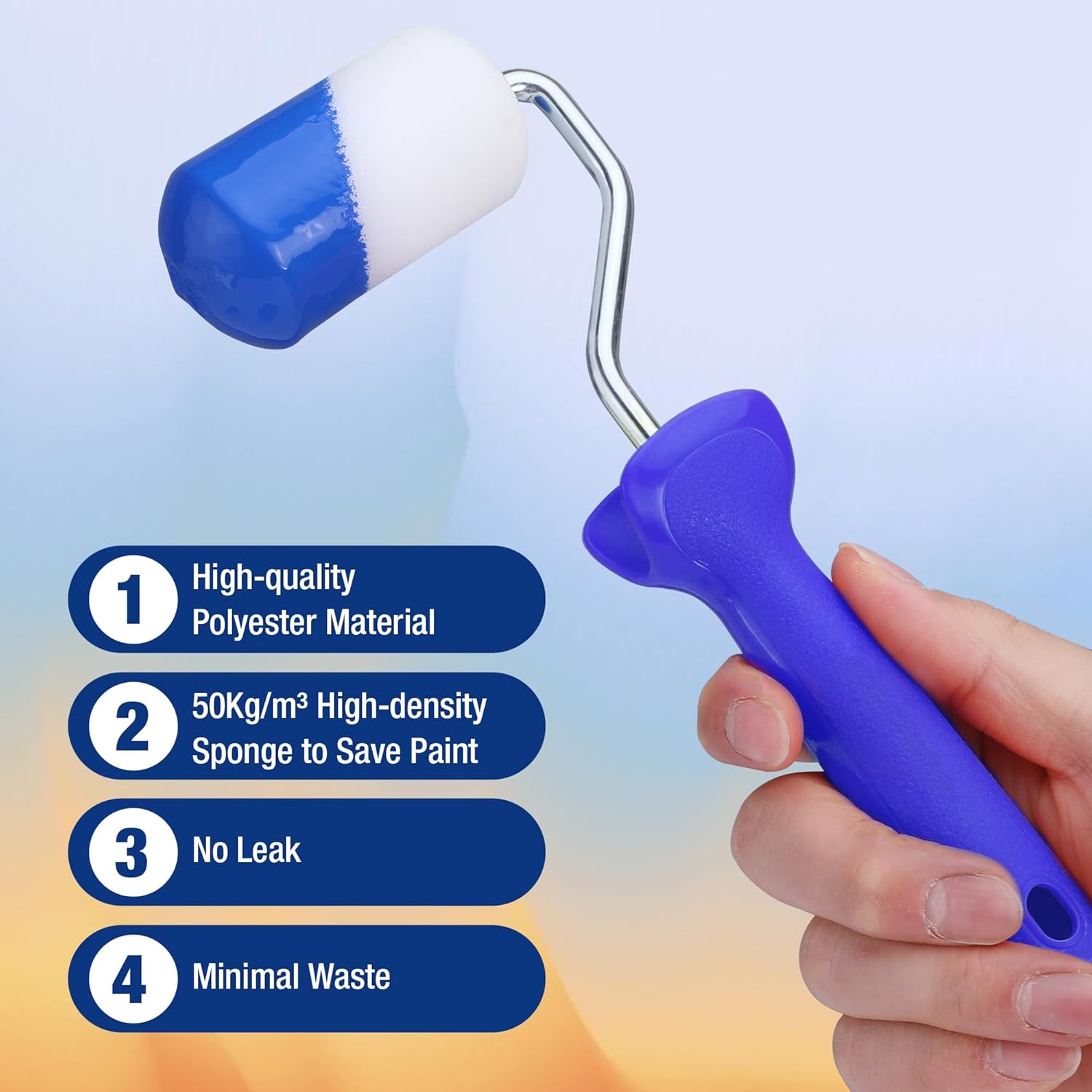 Mini foam paint roller with white sponge cover and metal frame, held on a blue handle.