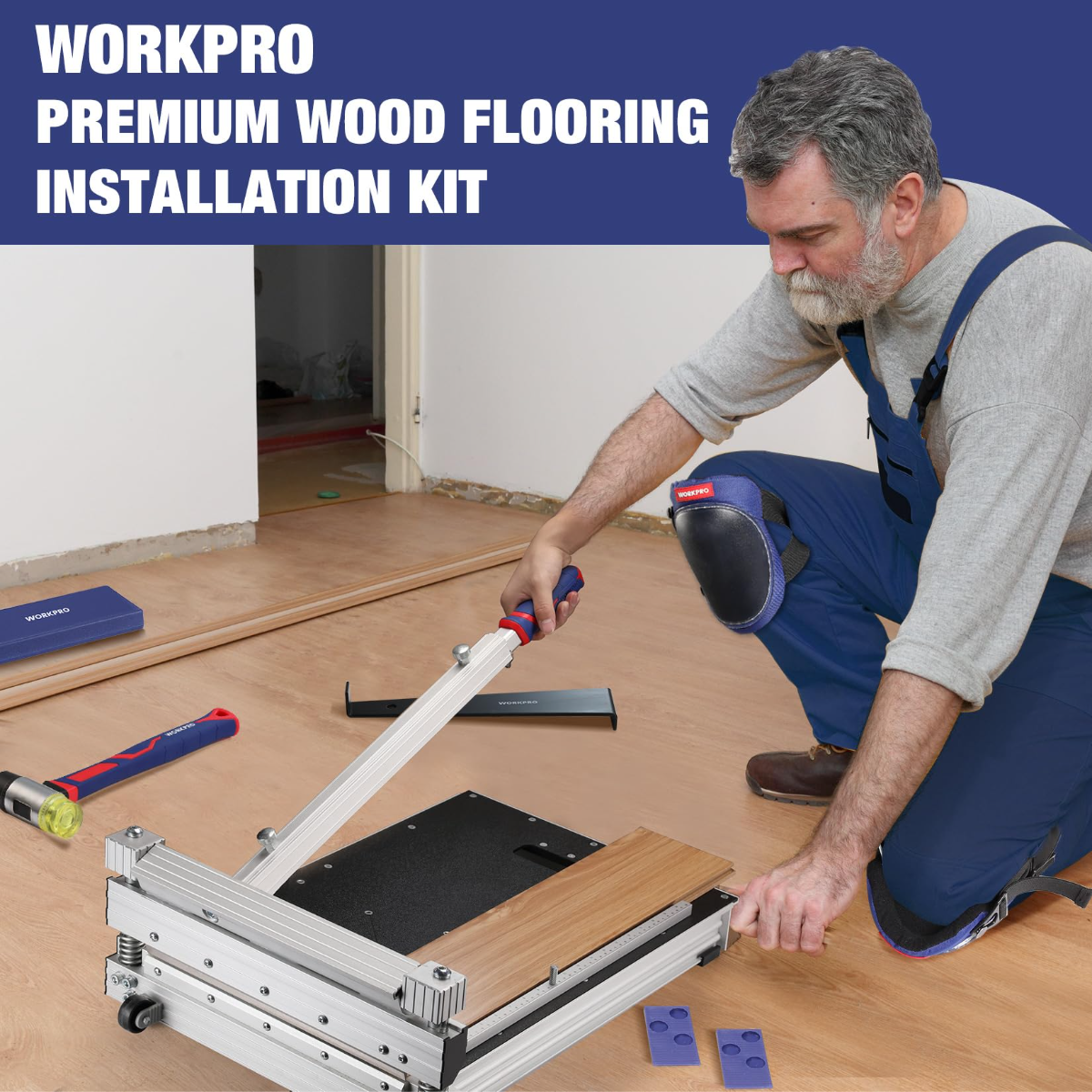 Laminate wood flooring installation tool set with pull bar and protective spacers