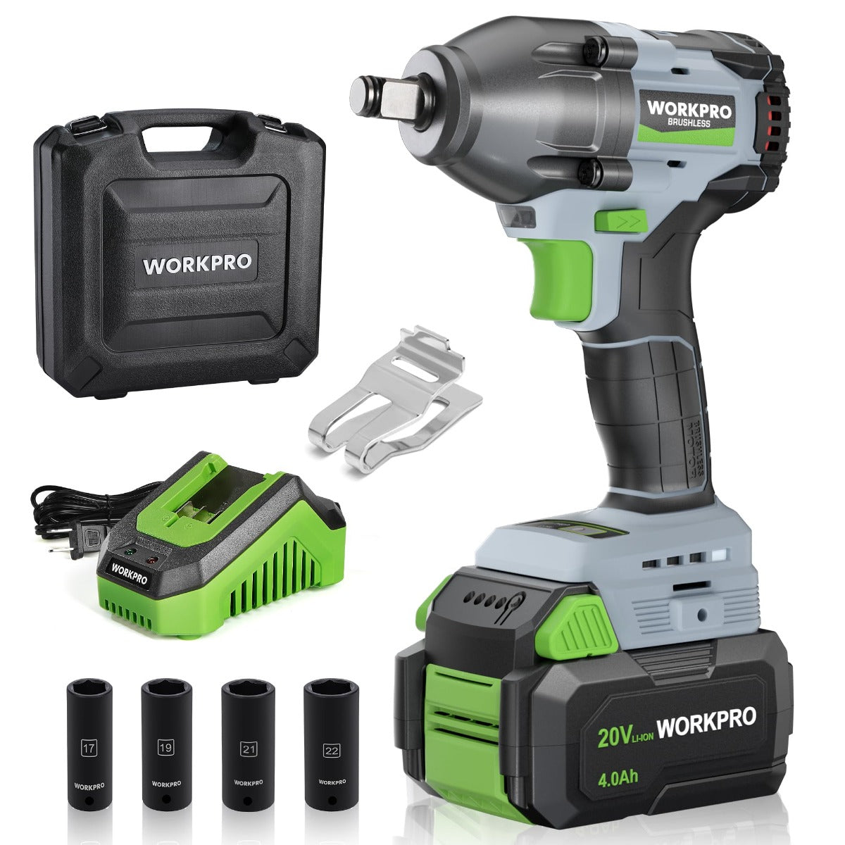 Cordless impact wrench kit with 20V battery, charger, and impact sockets in case