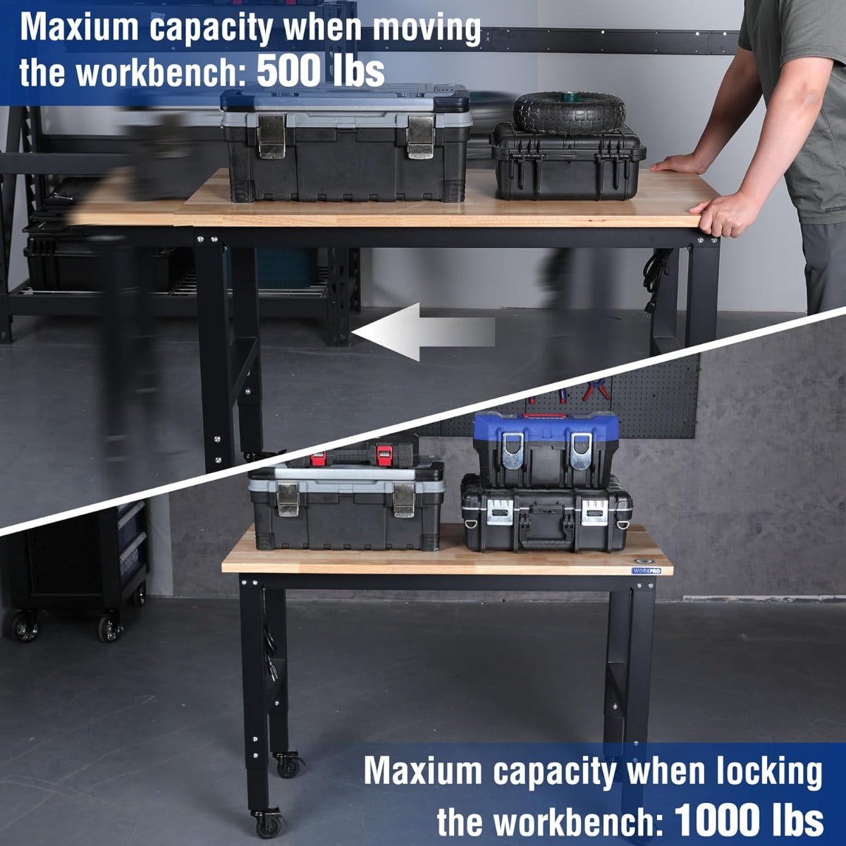 Adjustable workbench with rubber wood top, black steel frame, and locking casters