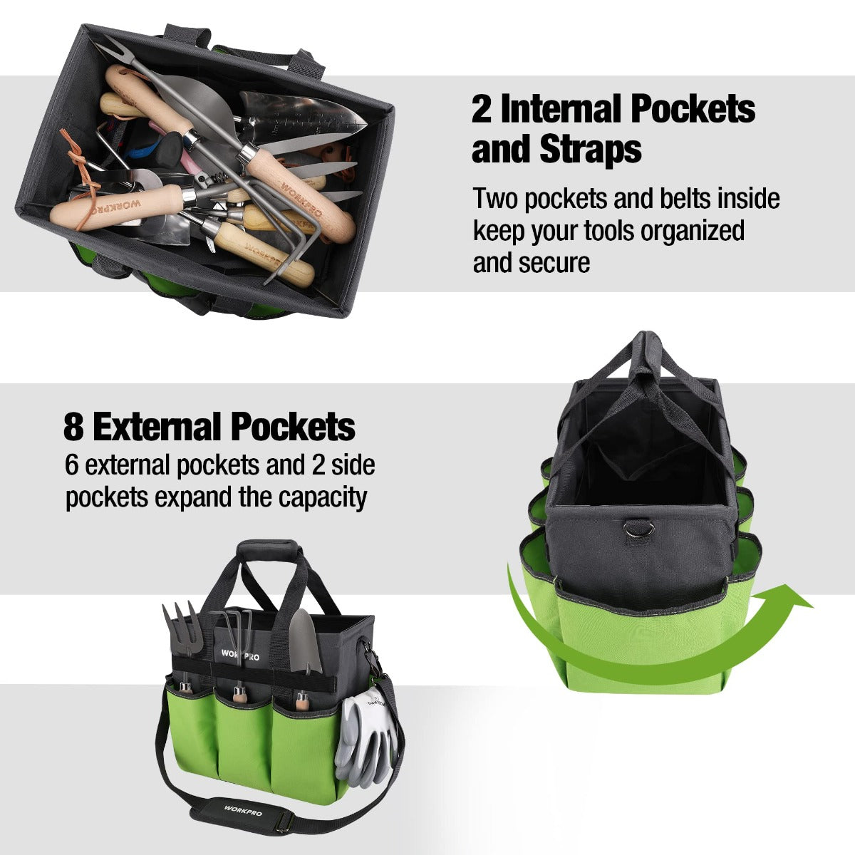 Garden tote bag in green and black with 8 external pockets and 2 internal pockets