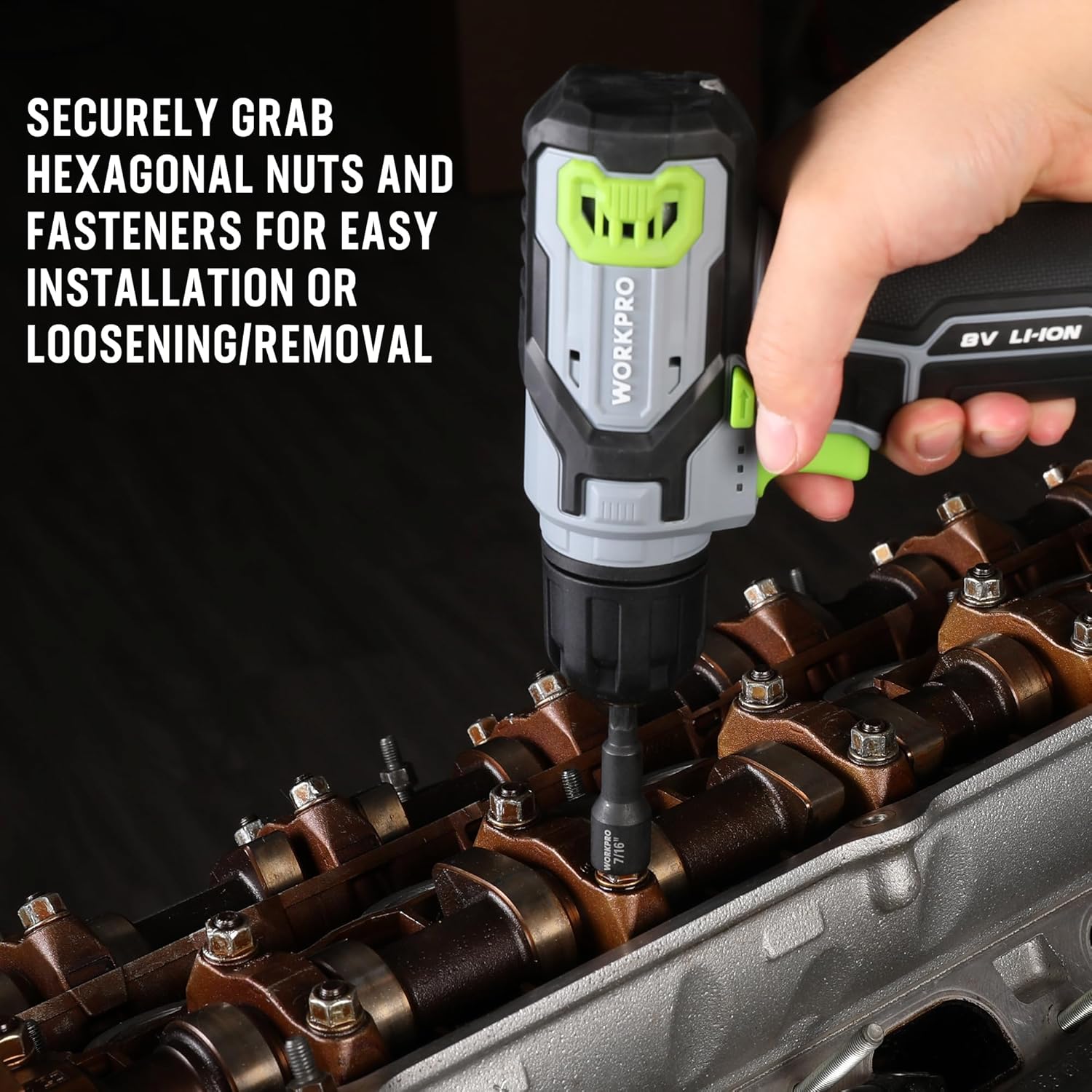 Impact driver with black hex nut socket bit and green grip, securing hex fasteners