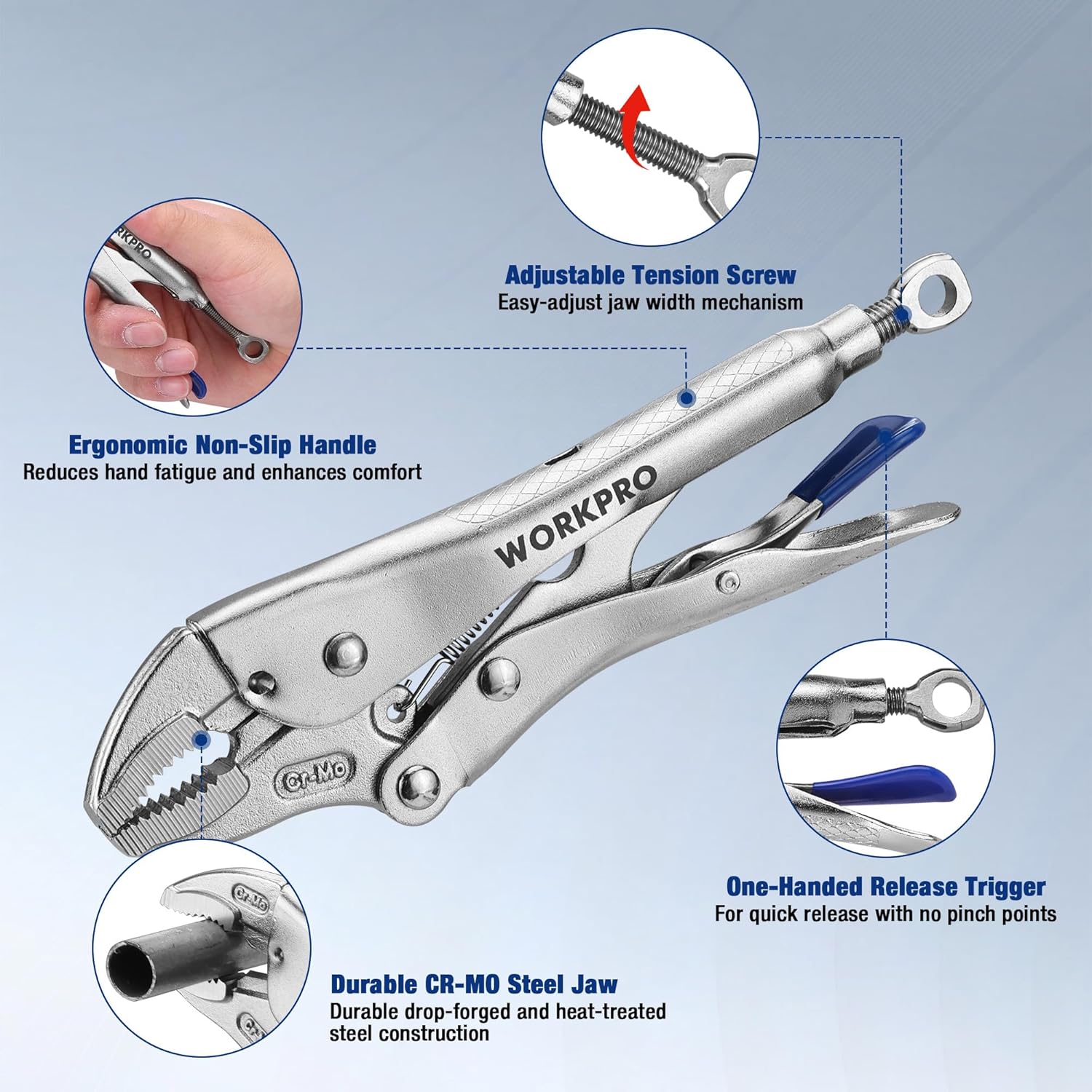 WORKPRO locking pliers with ergonomic non-slip handle, adjustable jaw tension screw
