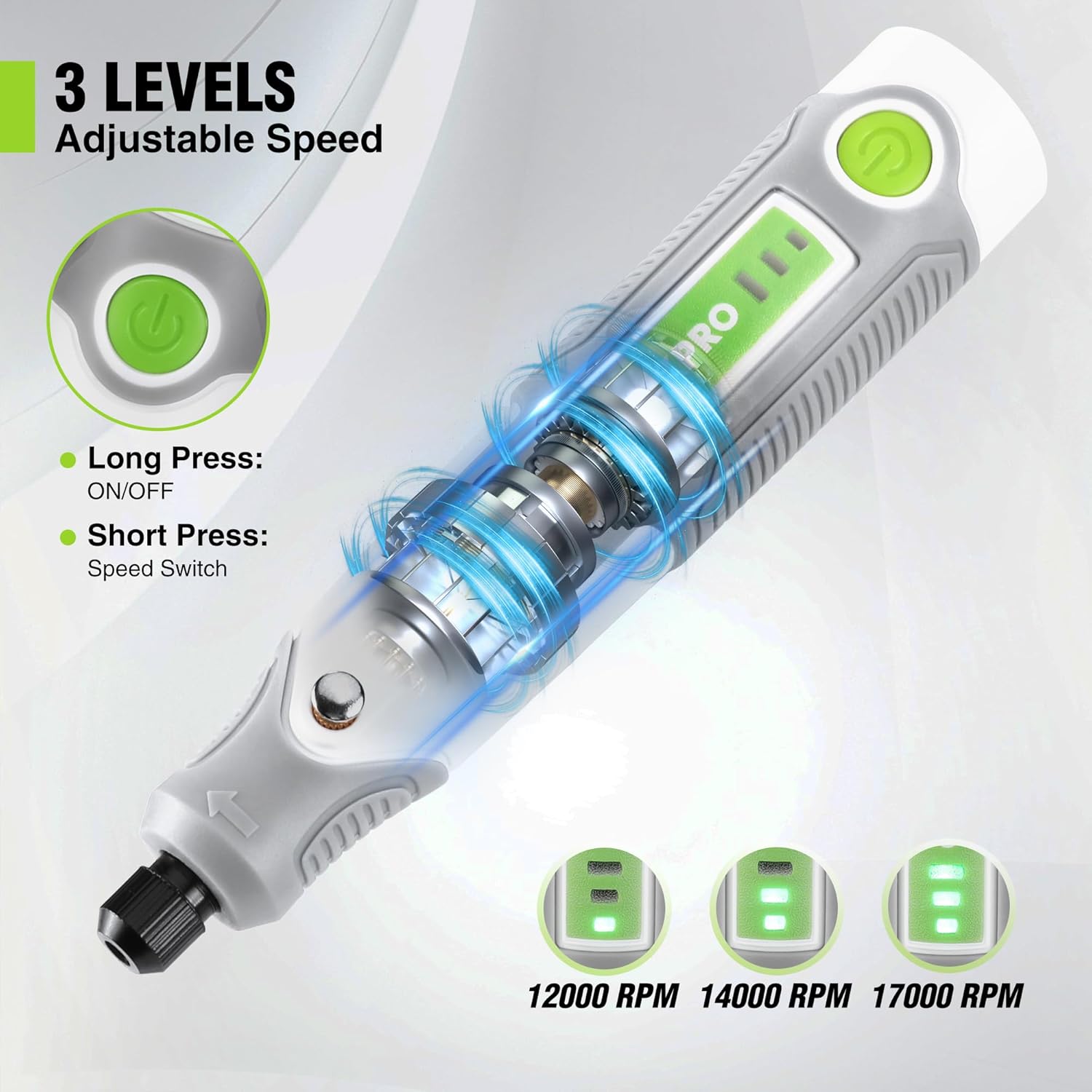 Cordless rotary tool with adjustable speed switch and indicator on a white handle