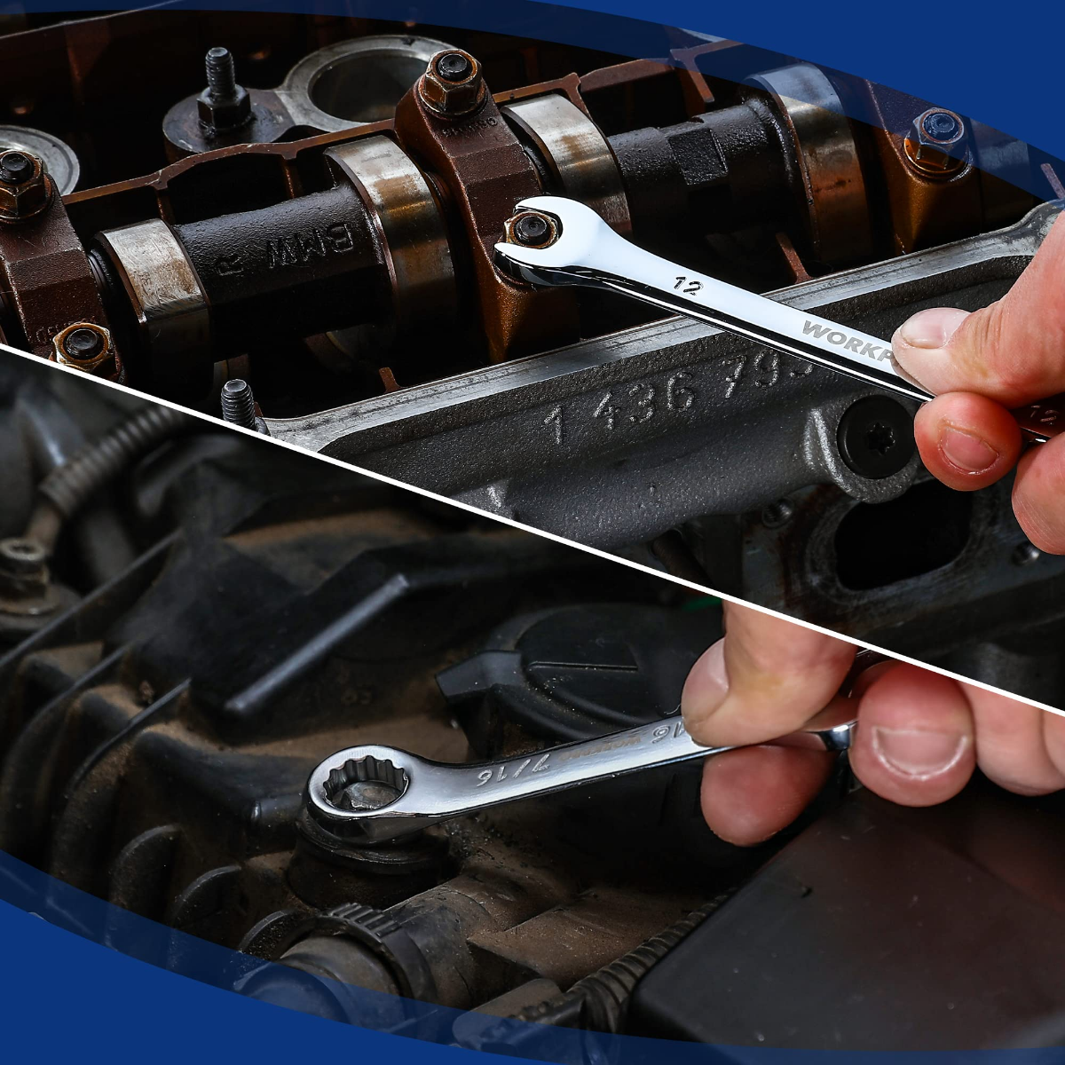 Stubby wrench tightening a bolt on engine or machinery hardware