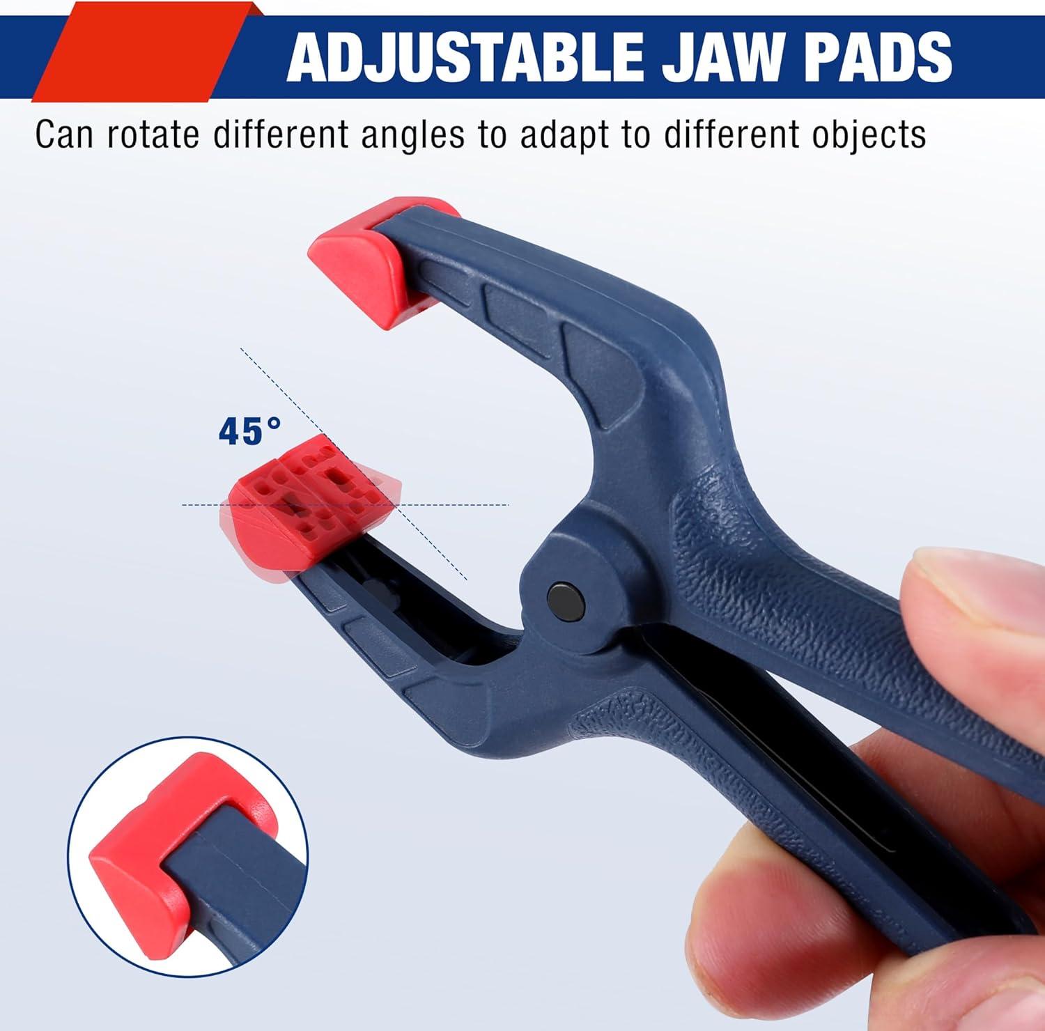 Dark blue spring clamp with rotating adjustable jaw pads and textured grip insert