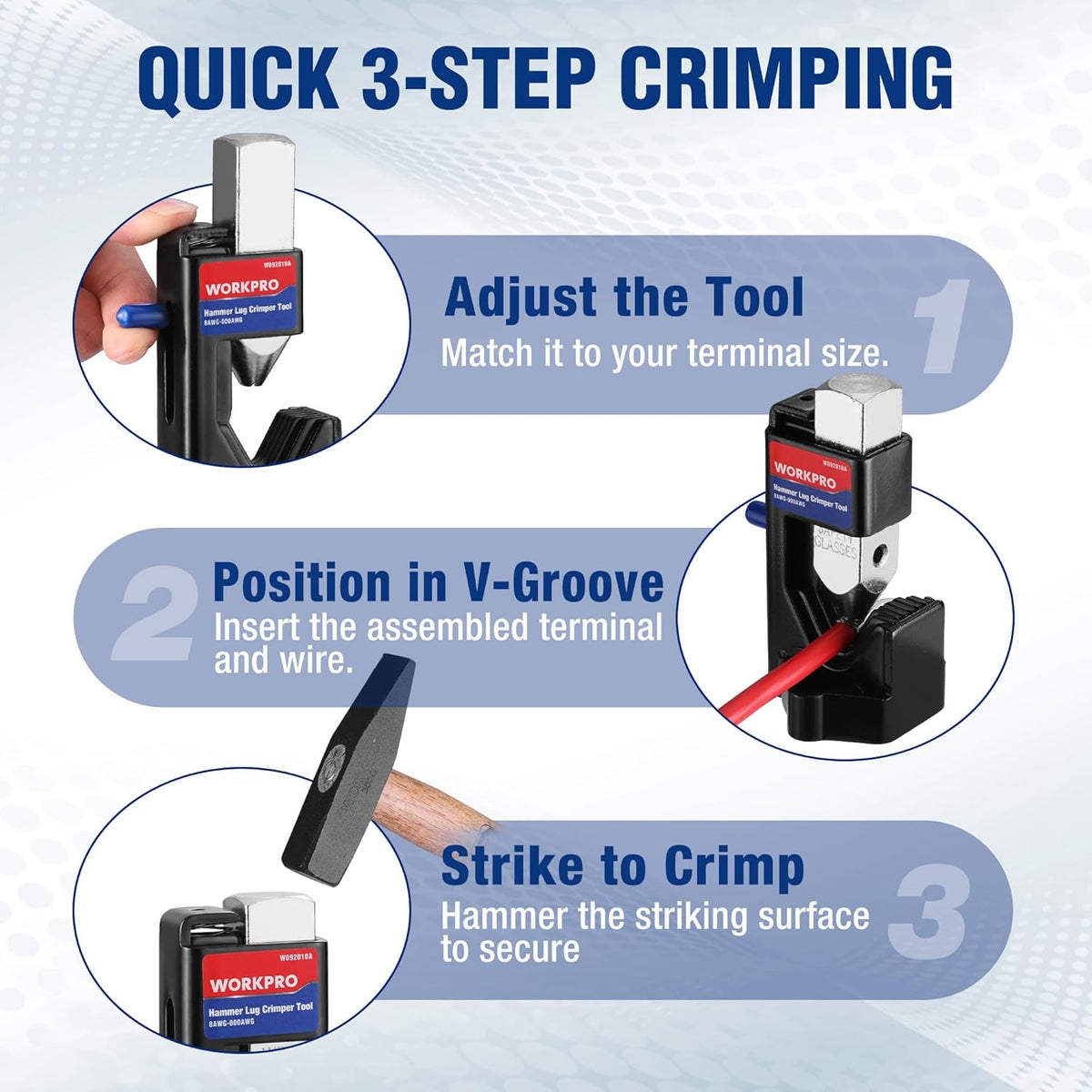 Black WORKPRO hammer lug crimper tool with blue handle for step crimping