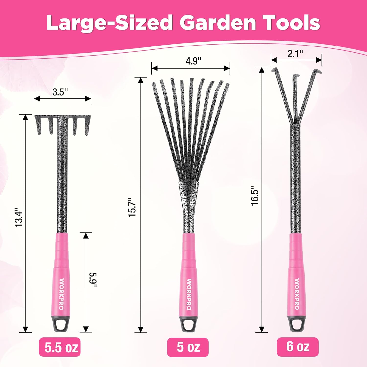 Pink-handled WORKPRO garden tools set featuring a rake, hoe, and weeder head tools