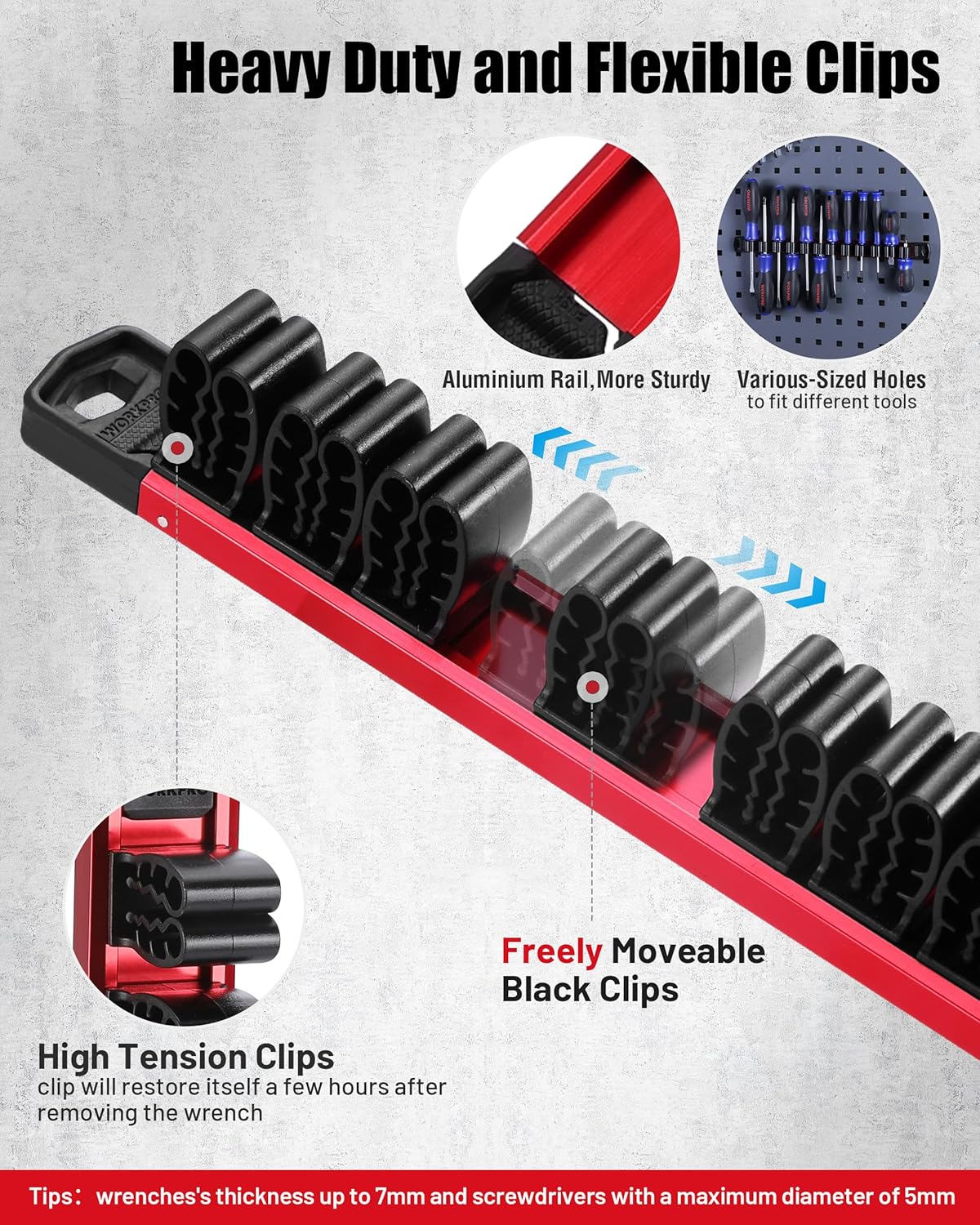 Heavy-duty magnetic clips on red organizer rail with black bases and sockets